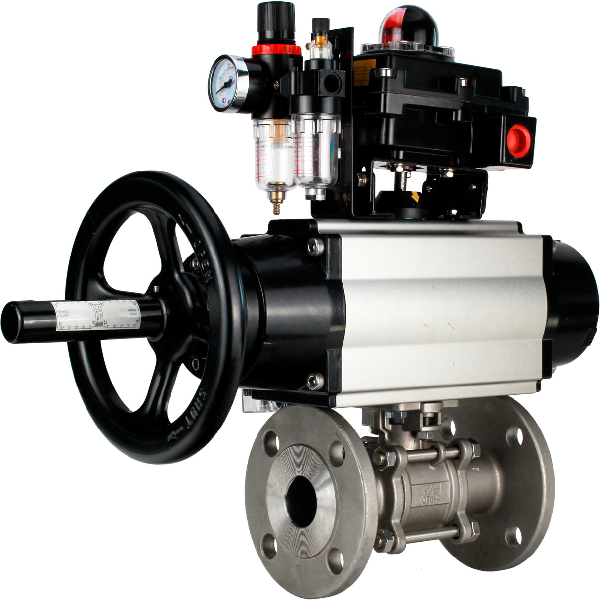 Ball valves Elephant BV3232P(3pc)-FP-F-ISO-H DN65-100 25/40 bar flanged with ISO flange, body - 316 stainless steel, full bore, seal - PTFE, with pneumatic drive PA-DA-105-1, pneumatic distributor 4M310-08 NAMUR 24V, LSU APL-410N Ex, ATU AFC2000