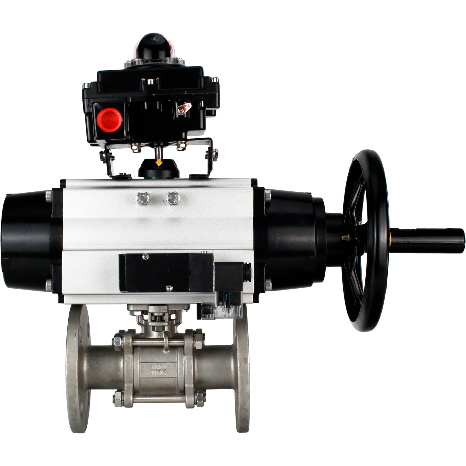 Ball valves Elephant BV3232P(3pc)-FP-F-ISO-H DN65-100 25/40 bar flanged with ISO flange, body - 316 stainless steel, full bore, seal - PTFE, with pneumatic drive PA-DA-105-1, pneumatic distributor 4M310-08 220V, LSU APL-410N Ex