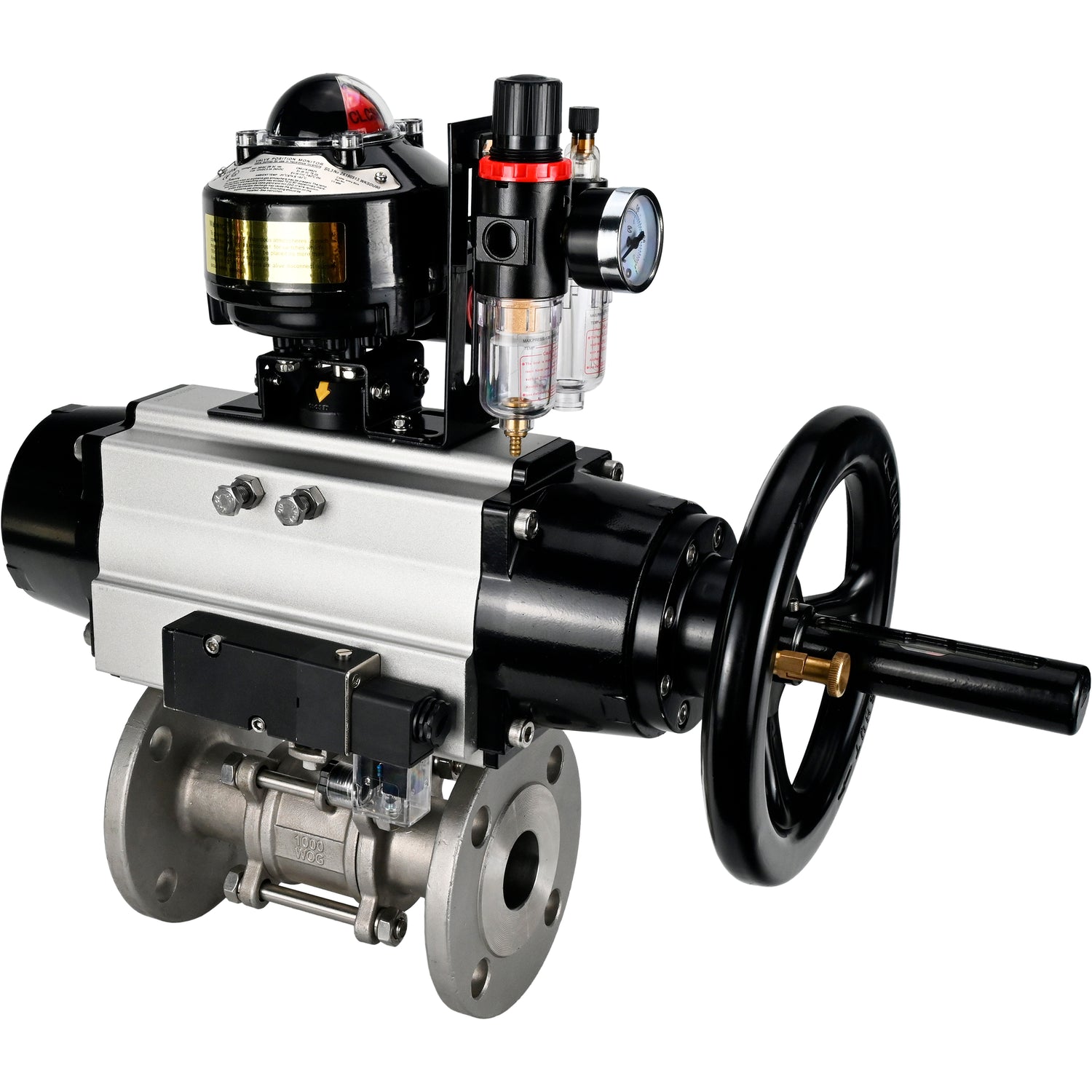 Ball valves Elephant BV3232P(3pc)-FP-F-ISO-H DN65-100 25/40 bar flanged with ISO flange, body - 316 stainless steel, full bore, seal - PTFE, with pneumatic drive PA-DA-105-1, pneumatic distributor 4M310-08 NAMUR 24V, LSU APL-510N Ex, ATU AFC2000