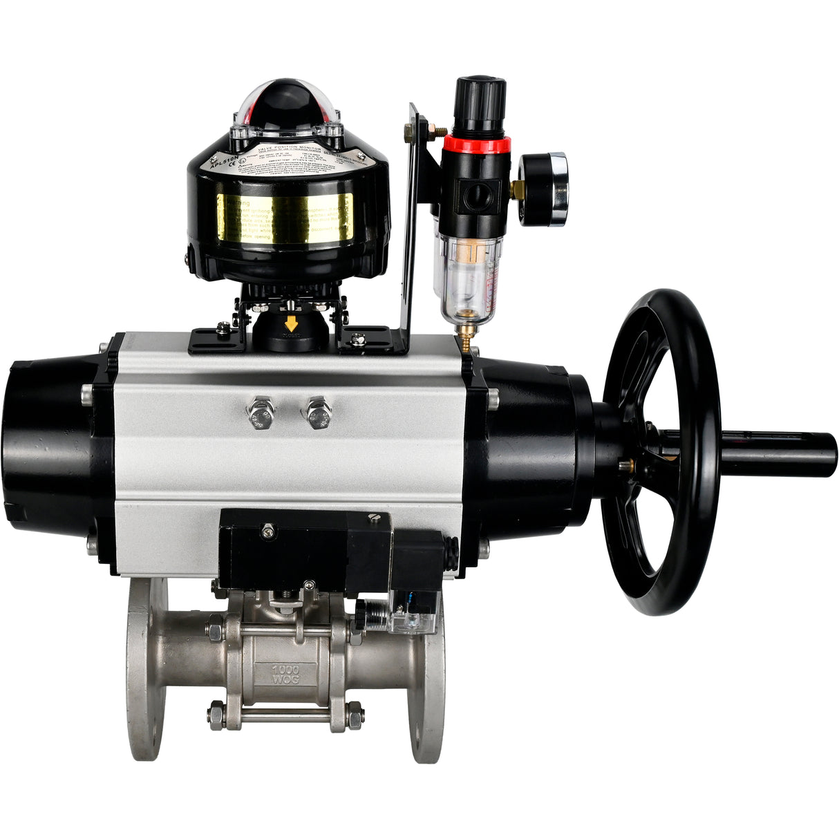 Ball valves Elephant BV3232P(3pc)-FP-F-ISO-H DN65-100 25/40 bar flanged with ISO flange, body - 316 stainless steel, full bore, seal - PTFE, with pneumatic drive PA-DA-105-1, pneumatic distributor 4M310-08 NAMUR 24V, LSU APL-510N Ex, ATU AFC2000