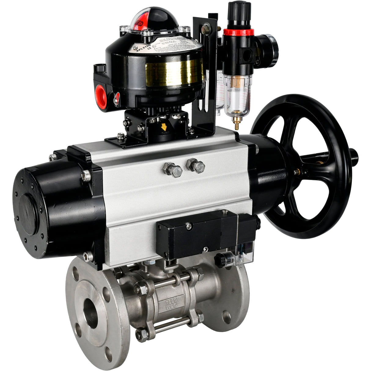 Ball valves Elephant BV3232P(3pc)-FP-F-ISO-H DN65-100 25/40 bar flanged with ISO flange, body - 316 stainless steel, full bore, seal - PTFE, with pneumatic drive PA-DA-105-1, pneumatic distributor 4M310-08 NAMUR 24V, LSU APL-510N Ex, ATU AFC2000