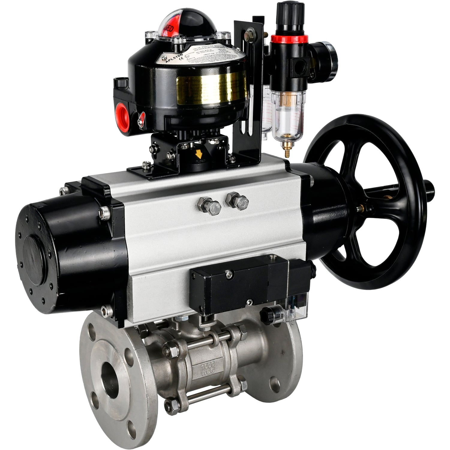 Ball valves Elephant BV3232P(3pc)-FP-F-ISO-H DN65-100 25/40 bar flanged with ISO flange, body - 316 stainless steel, full bore, seal - PTFE, with pneumatic drive PA-DA-105-1, pneumatic distributor 4M310-08 NAMUR 24V, LSU APL-510N Ex, ATU AFC2000