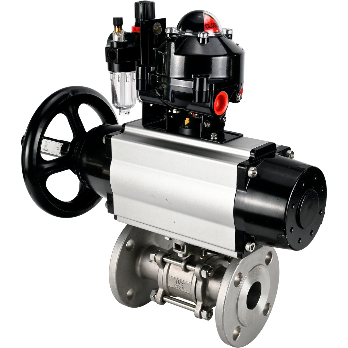 Ball valves Elephant BV3232P(3pc)-FP-F-ISO-H DN65-100 25/40 bar flanged with ISO flange, body - 316 stainless steel, full bore, seal - PTFE, with pneumatic drive PA-DA-105-1, pneumatic distributor 4M310-08 NAMUR 24V, LSU APL-510N Ex, ATU AFC2000