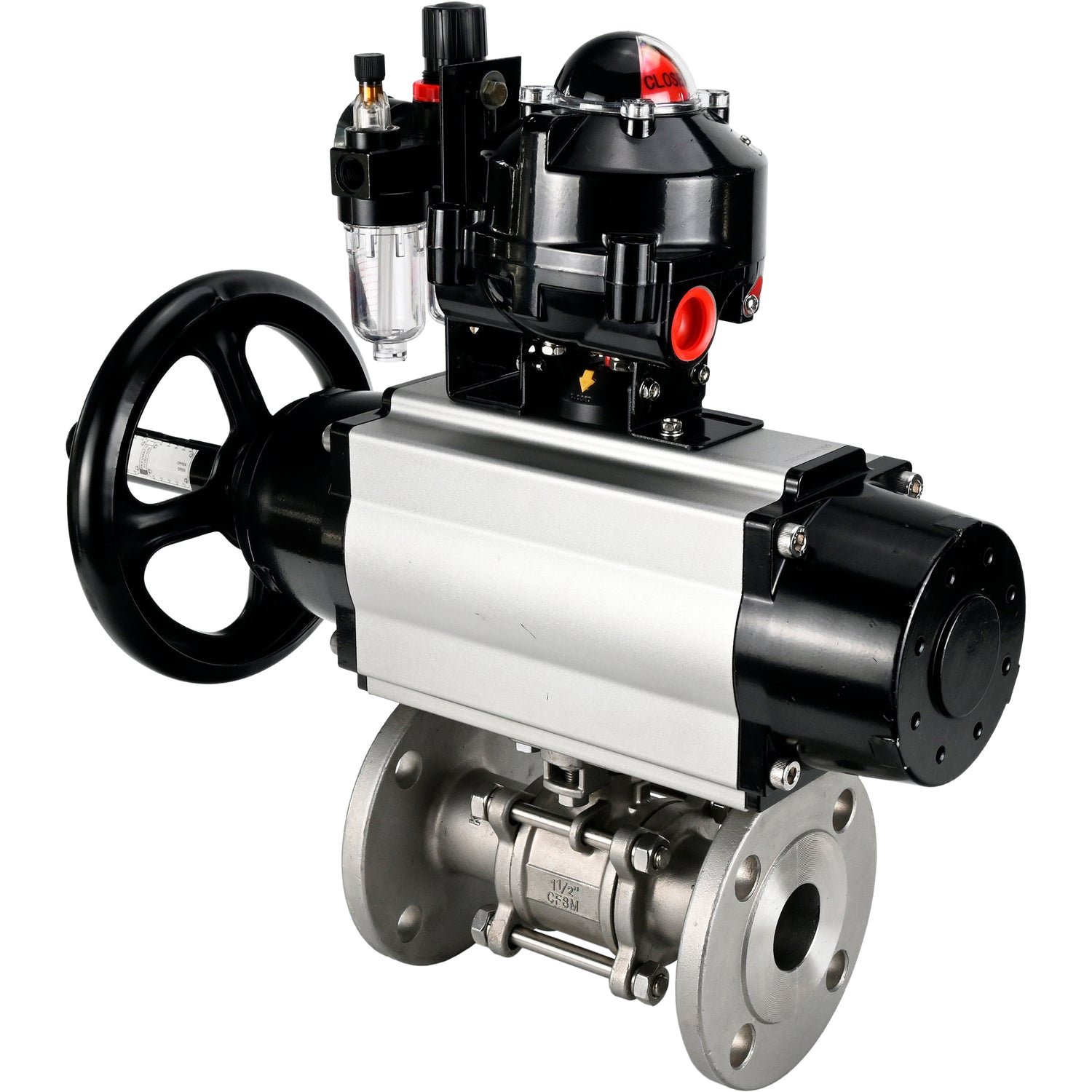 Ball valves Elephant BV3232P(3pc)-FP-F-ISO-H DN65-100 25/40 bar flanged with ISO flange, body - 316 stainless steel, full bore, seal - PTFE, with pneumatic drive PA-DA-105-1, pneumatic distributor 4M310-08 NAMUR 24V, LSU APL-510N Ex, ATU AFC2000