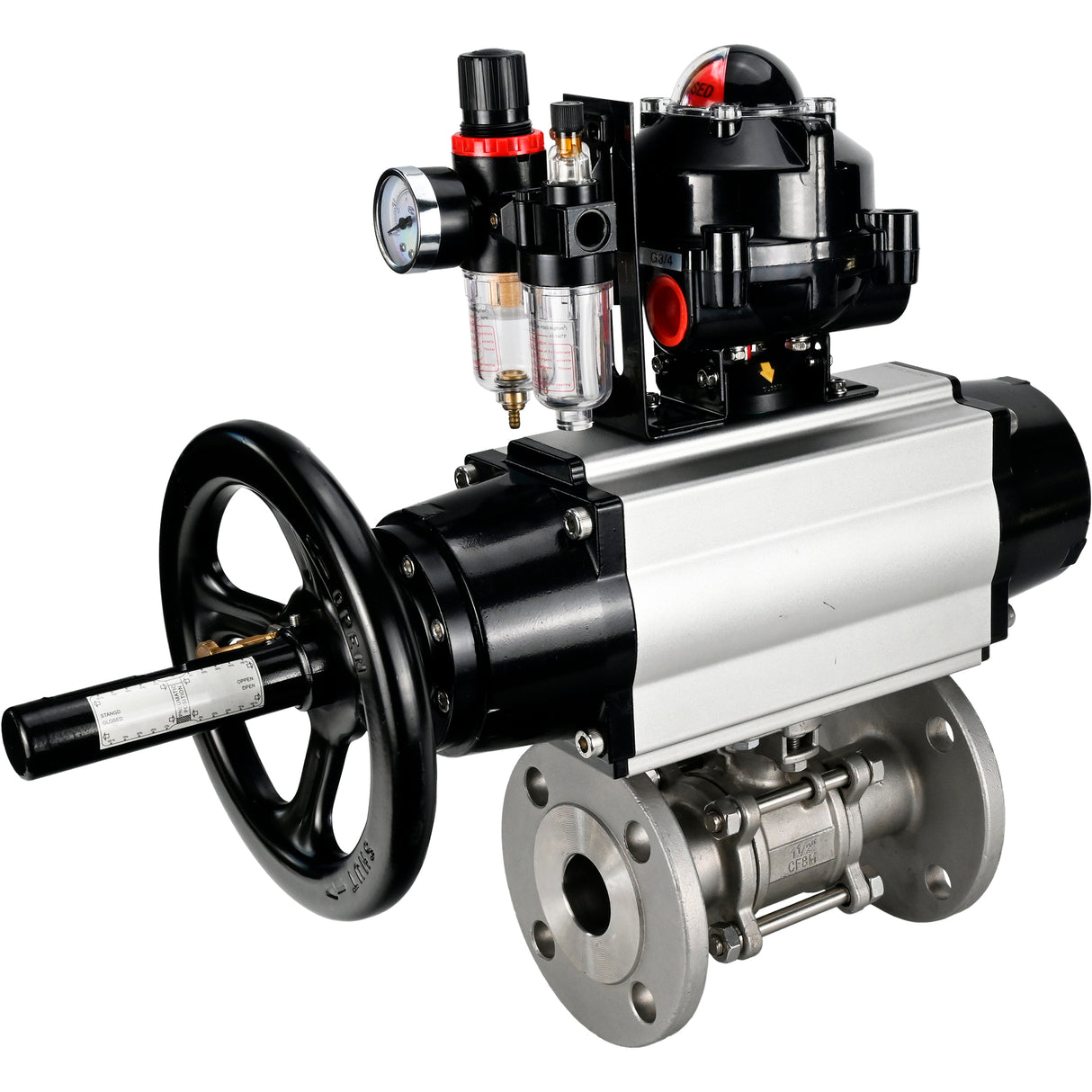 Ball valves Elephant BV3232P(3pc)-FP-F-ISO-H DN65-100 25/40 bar flanged with ISO flange, body - 316 stainless steel, full bore, seal - PTFE, with pneumatic drive PA-DA-105-1, pneumatic distributor 4M310-08 NAMUR 24V, LSU APL-510N Ex, ATU AFC2000