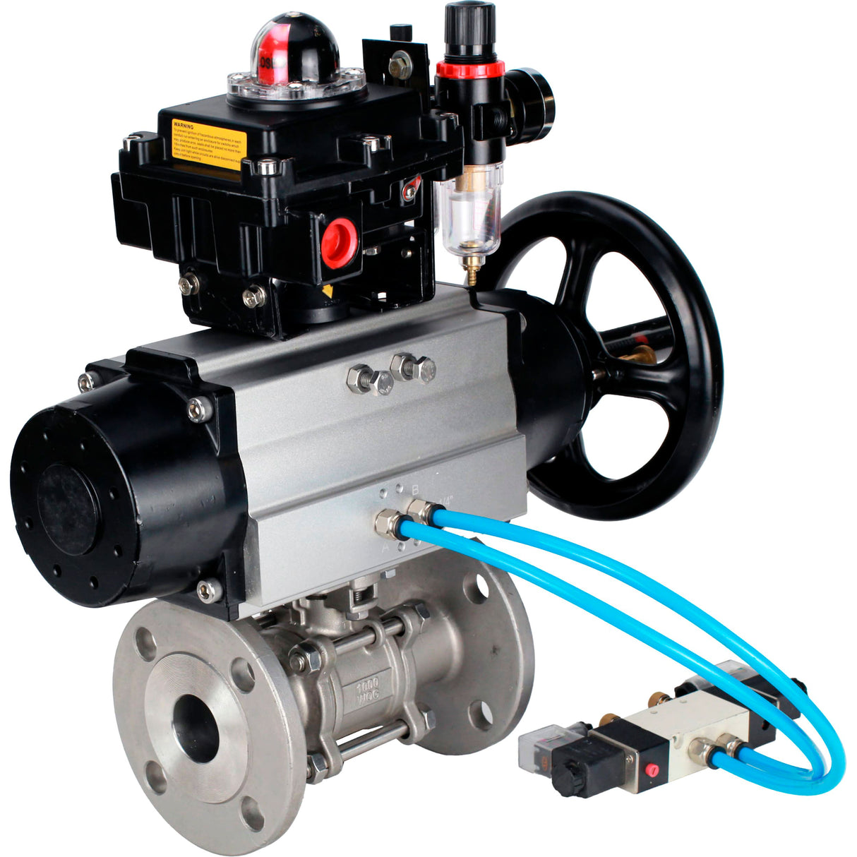 Ball valves Elephant BV3232P(3pc)-FP-F-ISO-H DN65-100 25/40 bar flanged with ISO flange, body - 316 stainless steel, full bore, seal - PTFE, with pneumatic drive PA-DA-105-1, pneumatic distributor 4V320-08 220V, LSU APL-410N Ex, ATU AFC2000