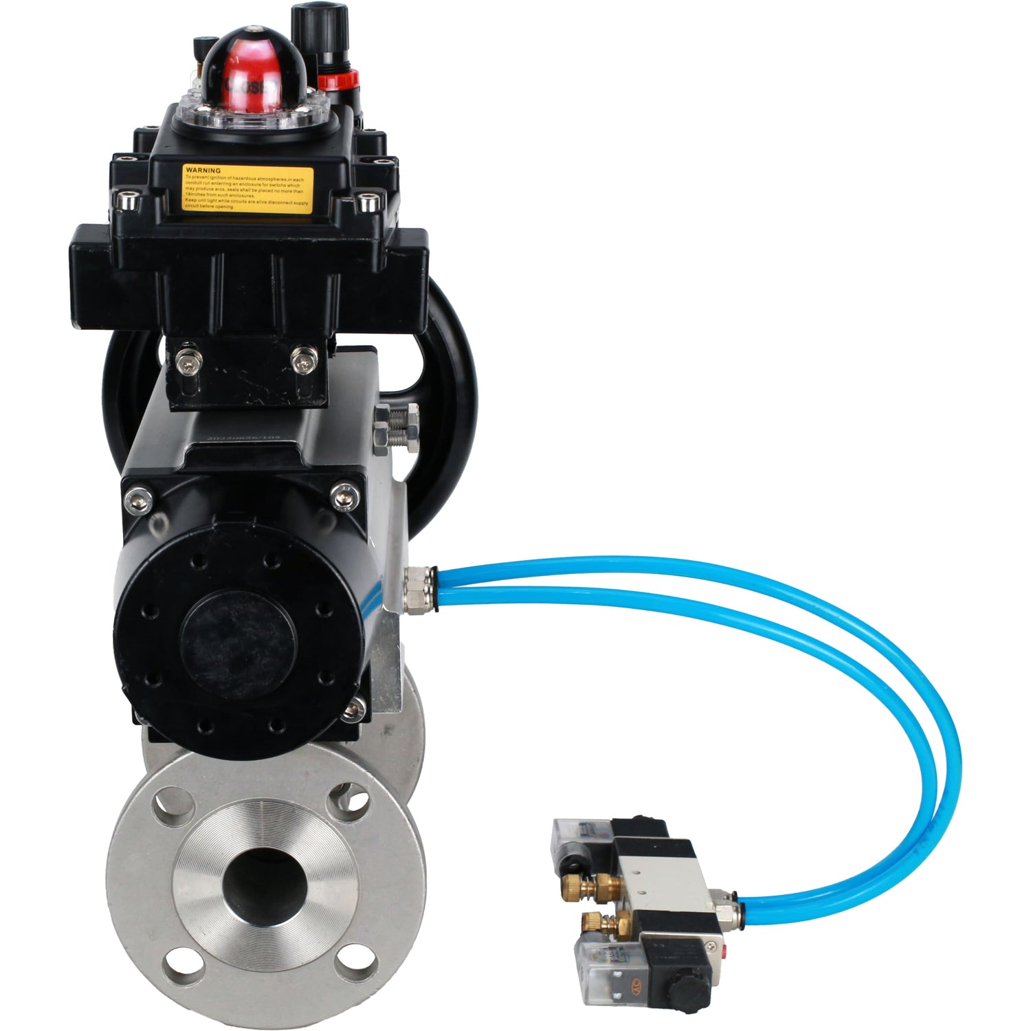 Ball valves Elephant BV3232P(3pc)-FP-F-ISO-H DN65-100 25/40 bar flanged with ISO flange, body - 316 stainless steel, full bore, seal - PTFE, with pneumatic drive PA-DA-105-1, pneumatic distributor 4V320-08 220V, LSU APL-410N Ex, ATU AFC2000