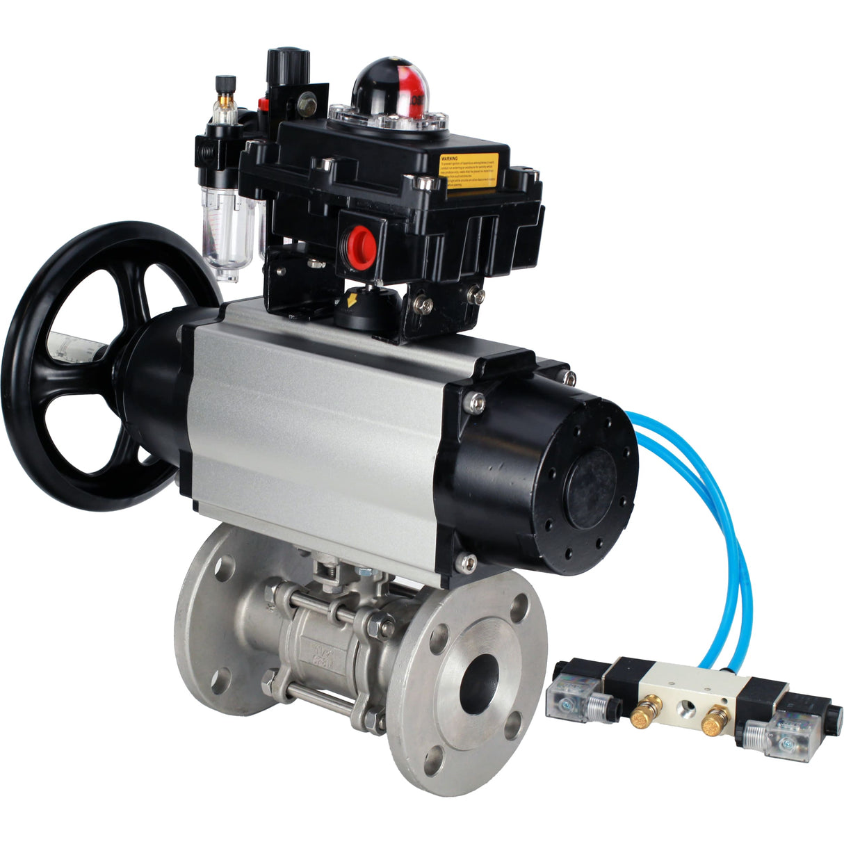 Ball valves Elephant BV3232P(3pc)-FP-F-ISO-H DN65-100 25/40 bar flanged with ISO flange, body - 316 stainless steel, full bore, seal - PTFE, with pneumatic drive PA-DA-105-1, pneumatic distributor 4V320-08 220V, LSU APL-410N Ex, ATU AFC2000