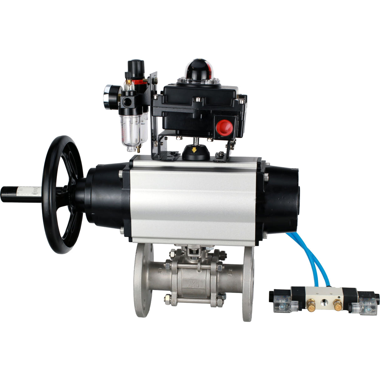 Ball valves Elephant BV3232P(3pc)-FP-F-ISO-H DN65-100 25/40 bar flanged with ISO flange, body - 316 stainless steel, full bore, seal - PTFE, with pneumatic drive PA-DA-105-1, pneumatic distributor 4V320-08 220V, LSU APL-410N Ex, ATU AFC2000