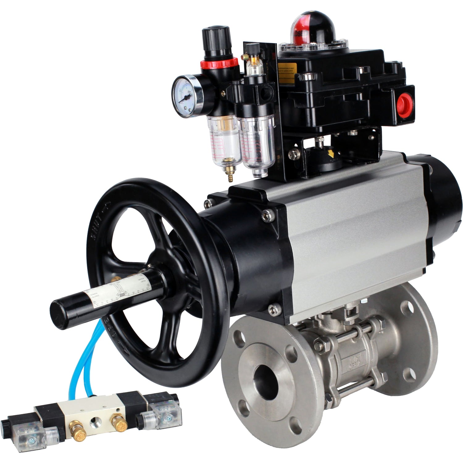 Ball valves Elephant BV3232P(3pc)-FP-F-ISO-H DN65-100 25/40 bar flanged with ISO flange, body - 316 stainless steel, full bore, seal - PTFE, with pneumatic drive PA-DA-105-1, pneumatic distributor 4V320-08 220V, LSU APL-410N Ex, ATU AFC2000