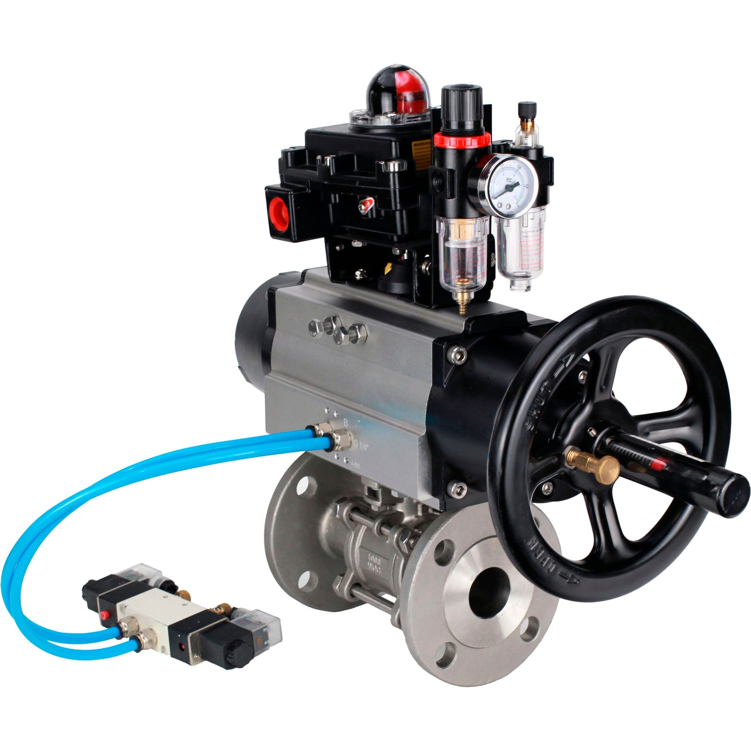 Ball valves Elephant BV3232P(3pc)-FP-F-ISO-H DN65-100 25/40 bar flanged with ISO flange, body - 316 stainless steel, full bore, seal - PTFE, with pneumatic drive PA-DA-105-1, pneumatic distributor 4V320-08 220V, LSU APL-410N Ex, ATU AFC2000