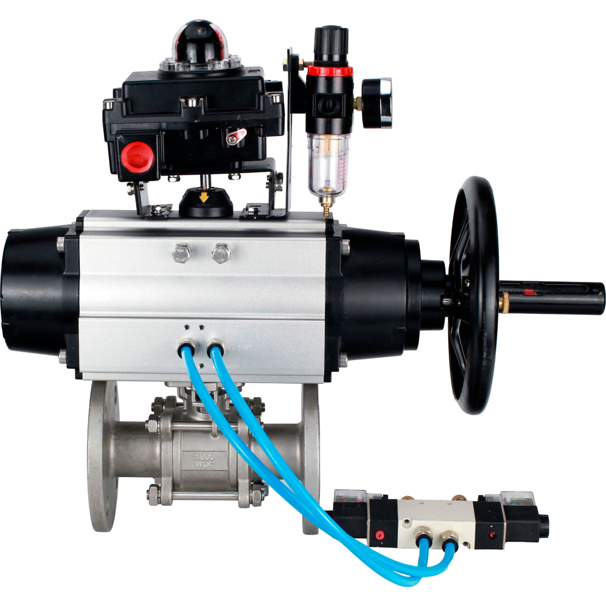 Ball valves Elephant BV3232P(3pc)-FP-F-ISO-H DN65-100 25/40 bar flanged with ISO flange, body - 316 stainless steel, full bore, seal - PTFE, with pneumatic drive PA-DA-105-1, pneumatic distributor 4V320-08 220V, LSU APL-410N Ex, ATU AFC2000