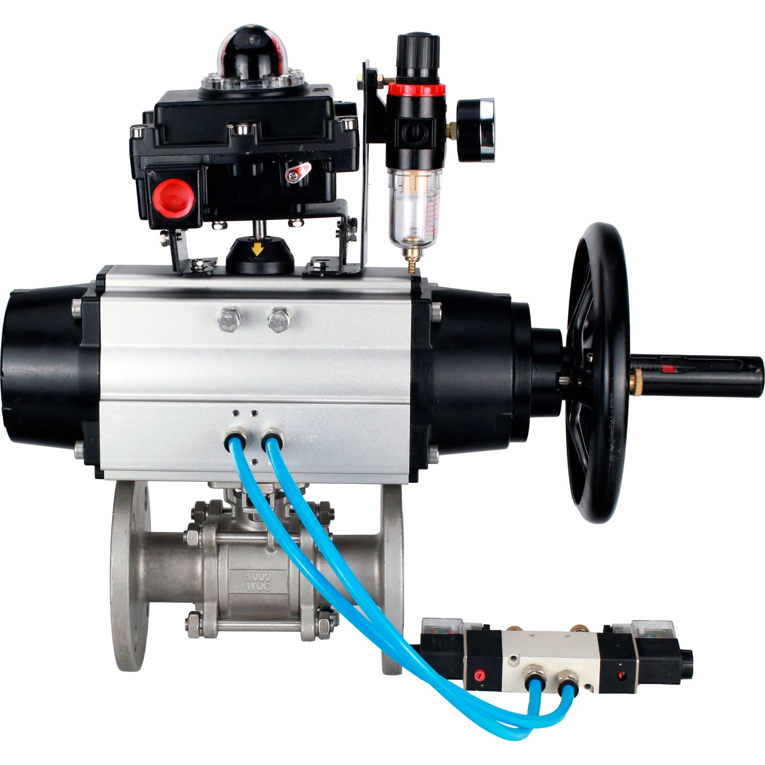 Ball valves Elephant BV3232P(3pc)-FP-F-ISO-H DN65-100 25/40 bar flanged with ISO flange, body - 316 stainless steel, full bore, seal - PTFE, with pneumatic drive PA-DA-105-1, pneumatic distributor 4V320-08 220V, LSU APL-410N Ex, ATU AFC2000