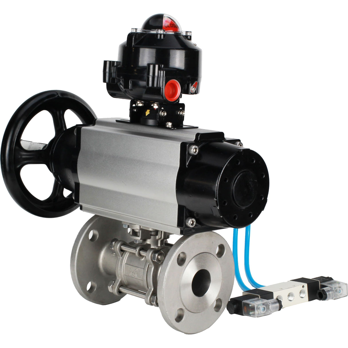 Ball valves Elephant BV3232P(3pc)-FP-F-ISO-H DN65-100 25/40 bar flanged with ISO flange, body - 316 stainless steel, full bore, seal - PTFE, with pneumatic drive PA-DA-105-1, pneumatic distributor 4V320-10 220V, LSU APL-510N Ex