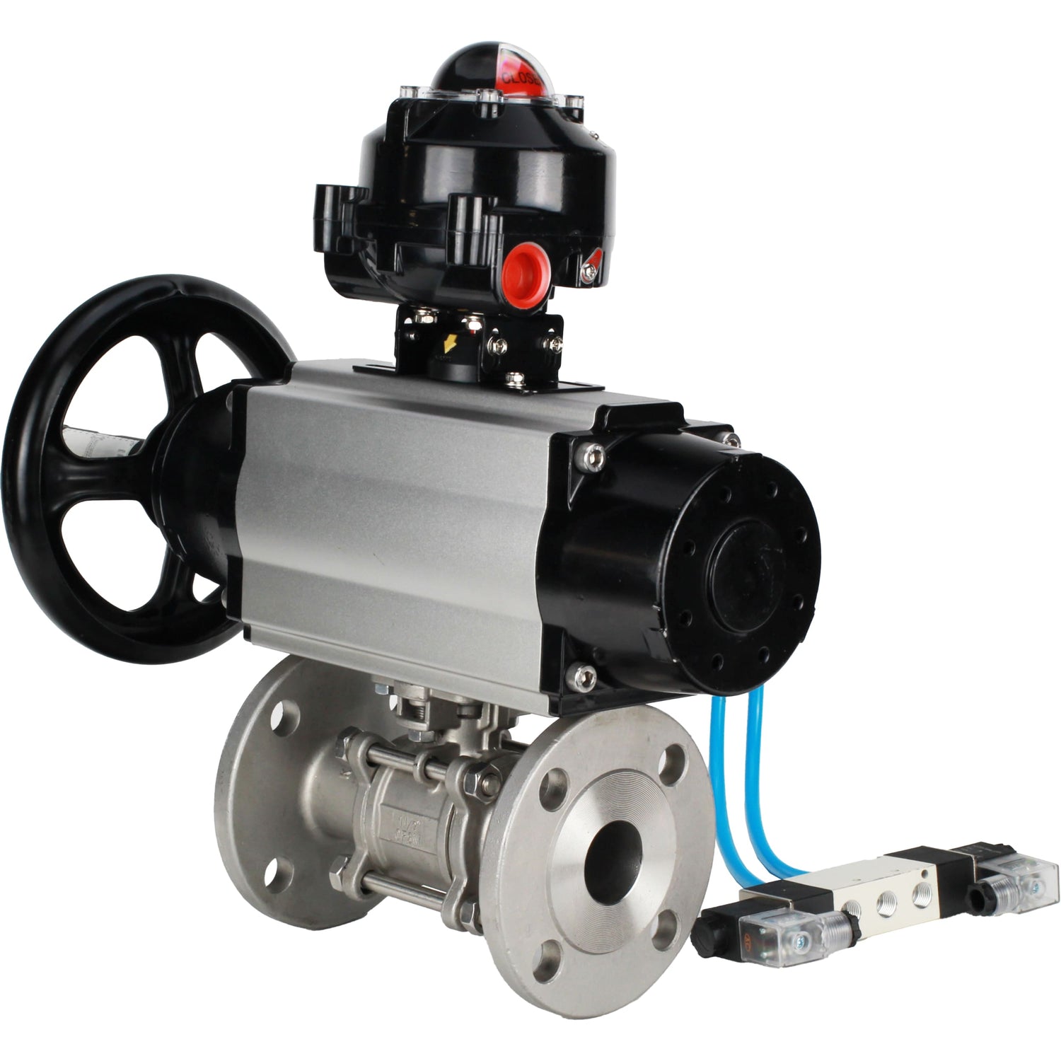 Ball valves Elephant BV3232P(3pc)-FP-F-ISO-H DN65-100 25/40 bar flanged with ISO flange, body - 316 stainless steel, full bore, seal - PTFE, with pneumatic drive PA-DA-105-1, pneumatic distributor 4V320-10 220V, LSU APL-510N Ex
