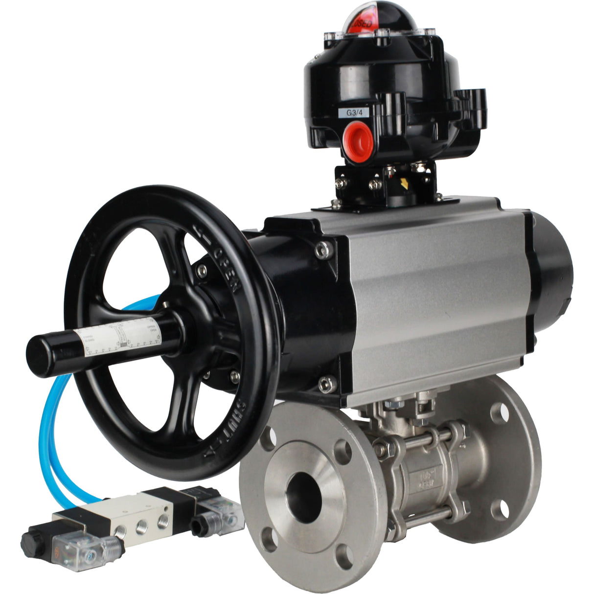 Ball valves Elephant BV3232P(3pc)-FP-F-ISO-H DN65-100 25/40 bar flanged with ISO flange, body - 316 stainless steel, full bore, seal - PTFE, with pneumatic drive PA-DA-105-1, pneumatic distributor 4V320-10 220V, LSU APL-510N Ex