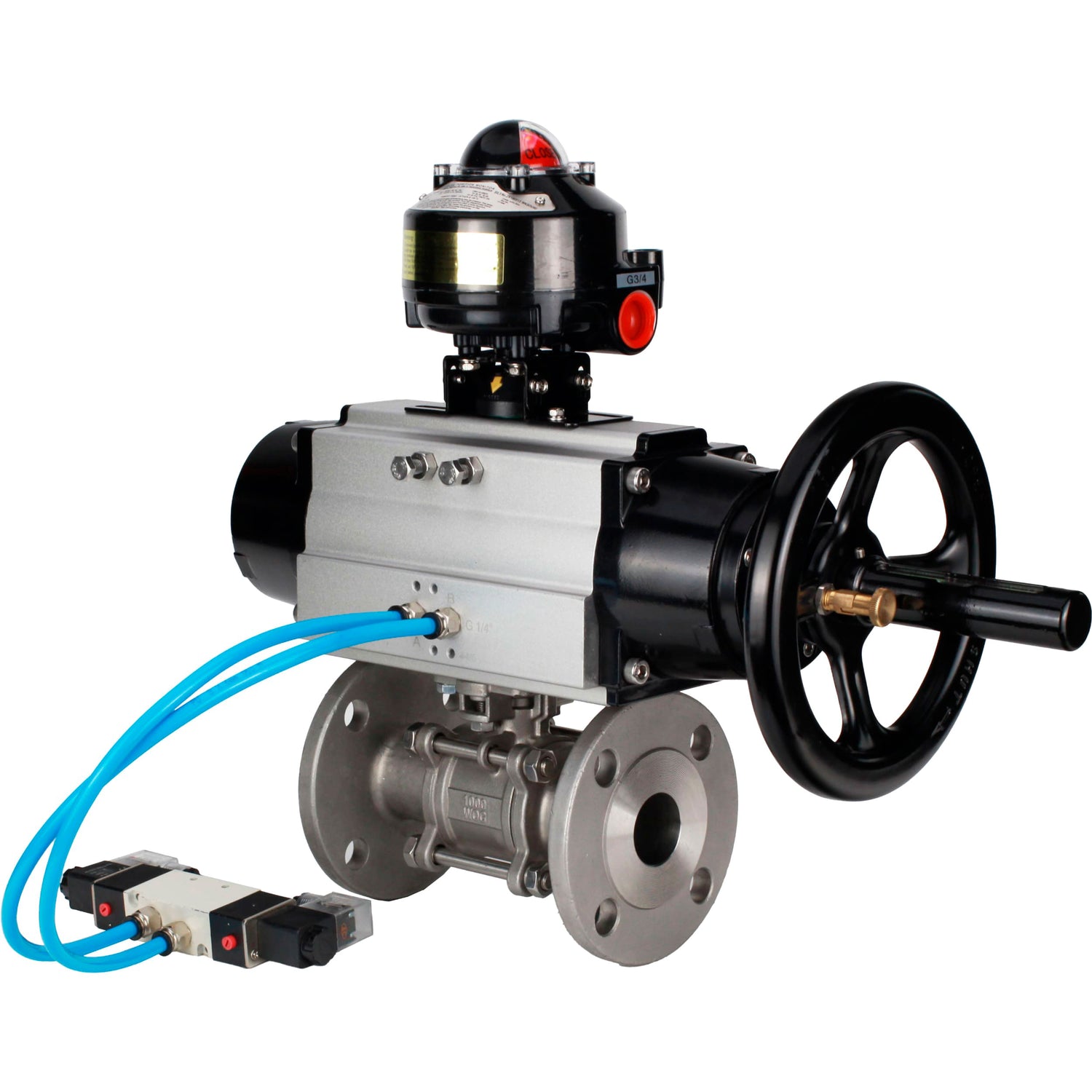 Ball valves Elephant BV3232P(3pc)-FP-F-ISO-H DN65-100 25/40 bar flanged with ISO flange, body - 316 stainless steel, full bore, seal - PTFE, with pneumatic drive PA-DA-105-1, pneumatic distributor 4V320-10 220V, LSU APL-510N Ex