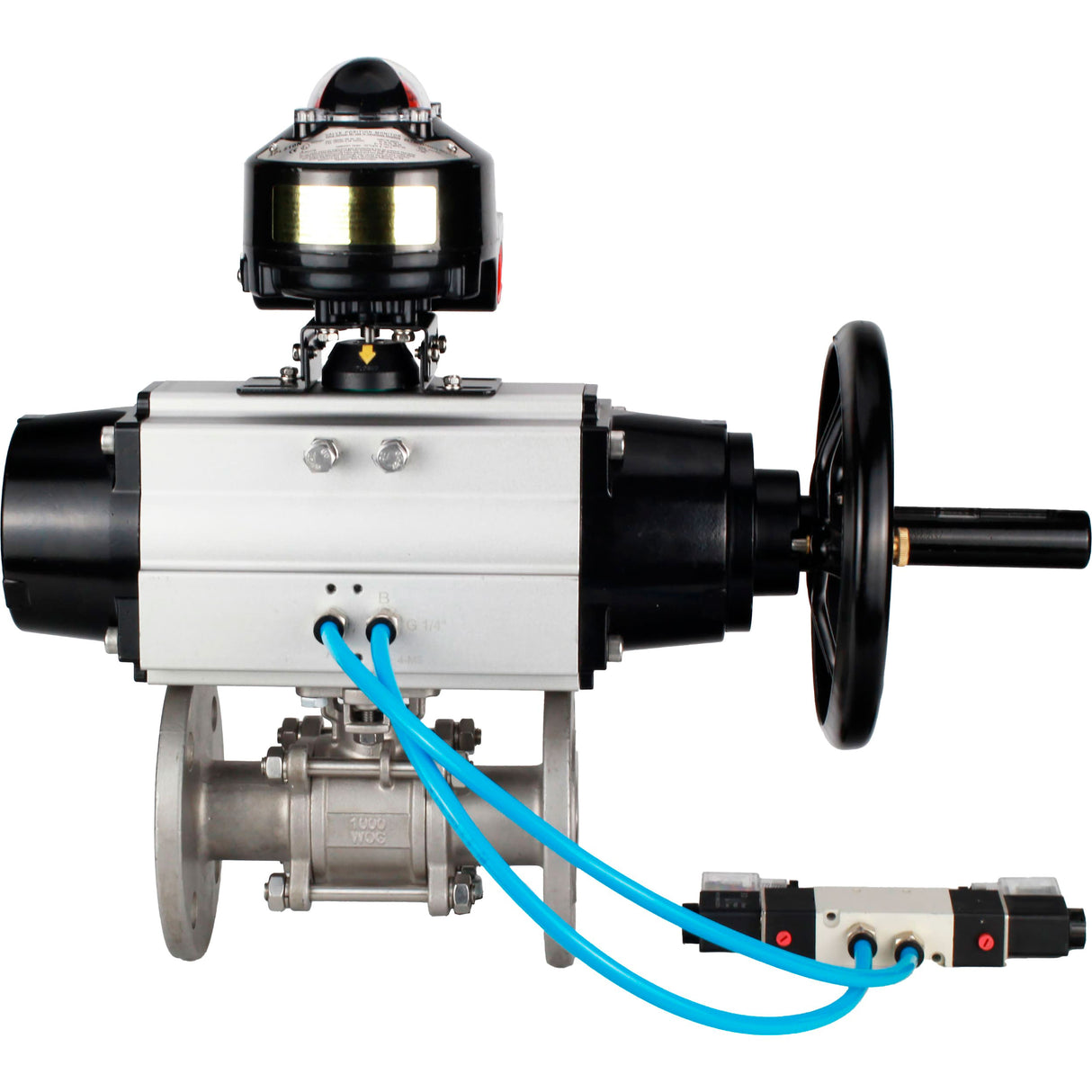 Ball valves Elephant BV3232P(3pc)-FP-F-ISO-H DN65-100 25/40 bar flanged with ISO flange, body - 316 stainless steel, full bore, seal - PTFE, with pneumatic drive PA-DA-105-1, pneumatic distributor 4V320-10 220V, LSU APL-510N Ex