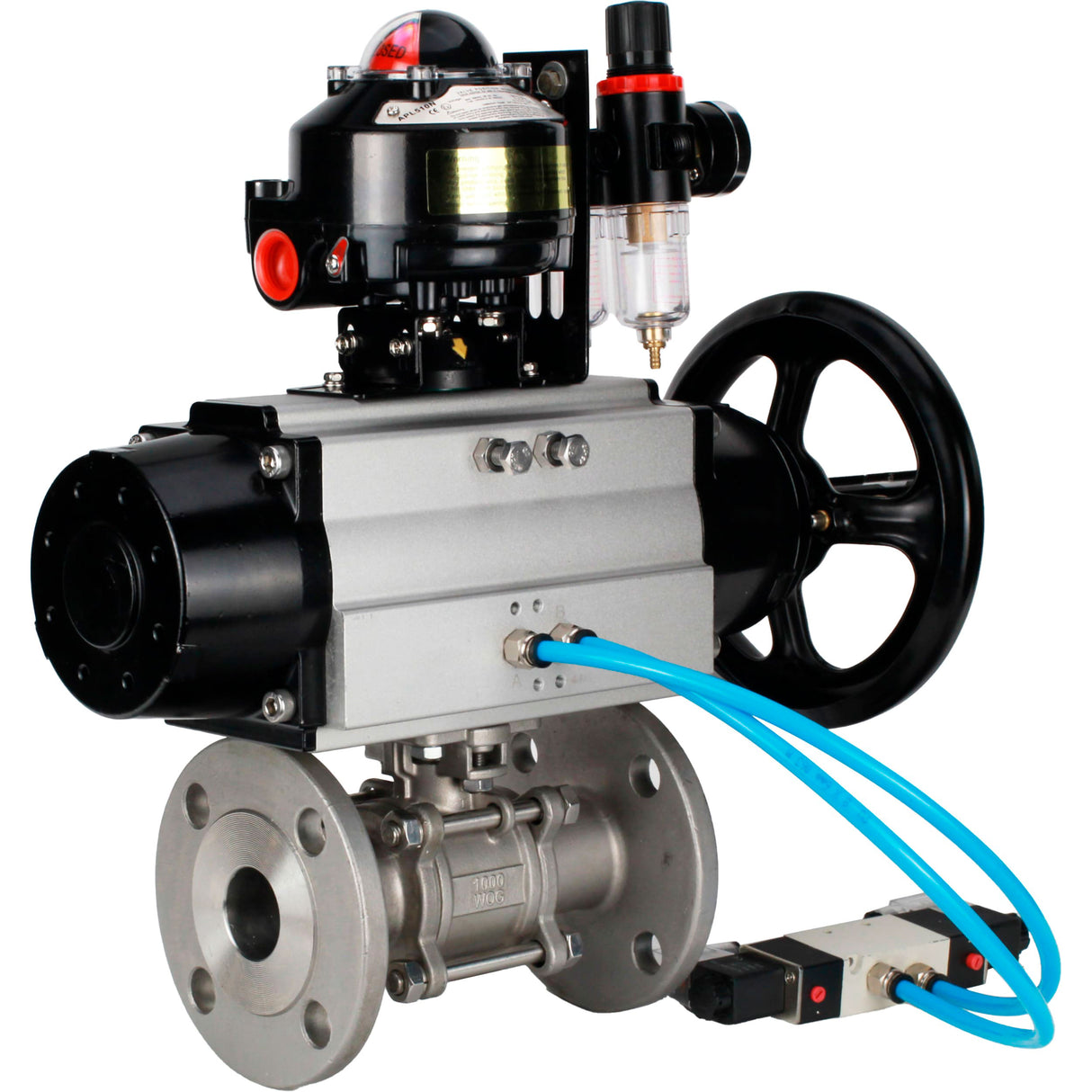 Ball valves Elephant BV3232P(3pc)-FP-F-ISO-H DN65-100 25/40 bar flanged with ISO flange, body - 316 stainless steel, full bore, seal - PTFE, with pneumatic drive PA-DA-105-1, pneumatic distributor 4V320-10 220V, LSU APL-510N Ex, ATU AFC2000