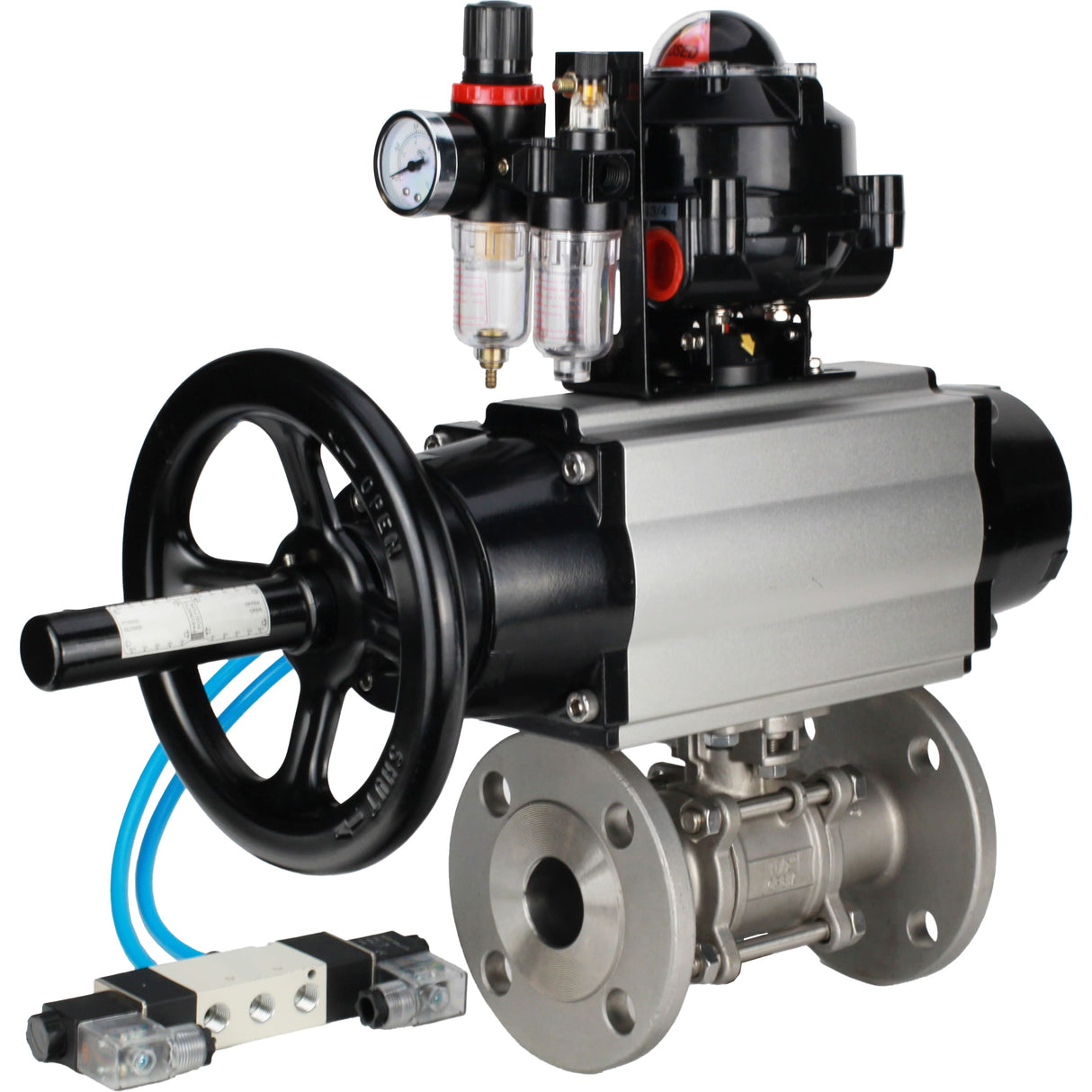 Ball valves Elephant BV3232P(3pc)-FP-F-ISO-H DN65-100 25/40 bar flanged with ISO flange, body - 316 stainless steel, full bore, seal - PTFE, with pneumatic drive PA-DA-105-1, pneumatic distributor 4V320-10 220V, LSU APL-510N Ex, ATU AFC2000