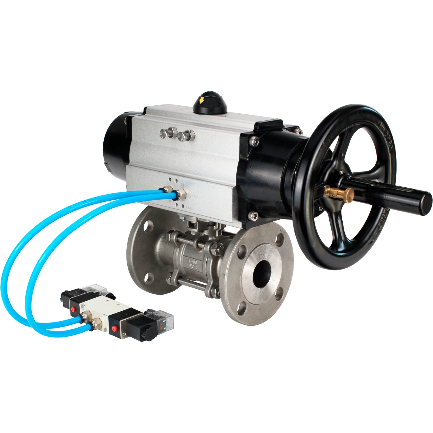 Ball valves Elephant BV3232P(3pc)-FP-F-ISO-H DN65-100 25/40 bar flanged with ISO flange, body - 316 stainless steel, full bore, seal - PTFE, with pneumatic drive PA-DA-105-1, pneumatic distributor 4V320-08 220V