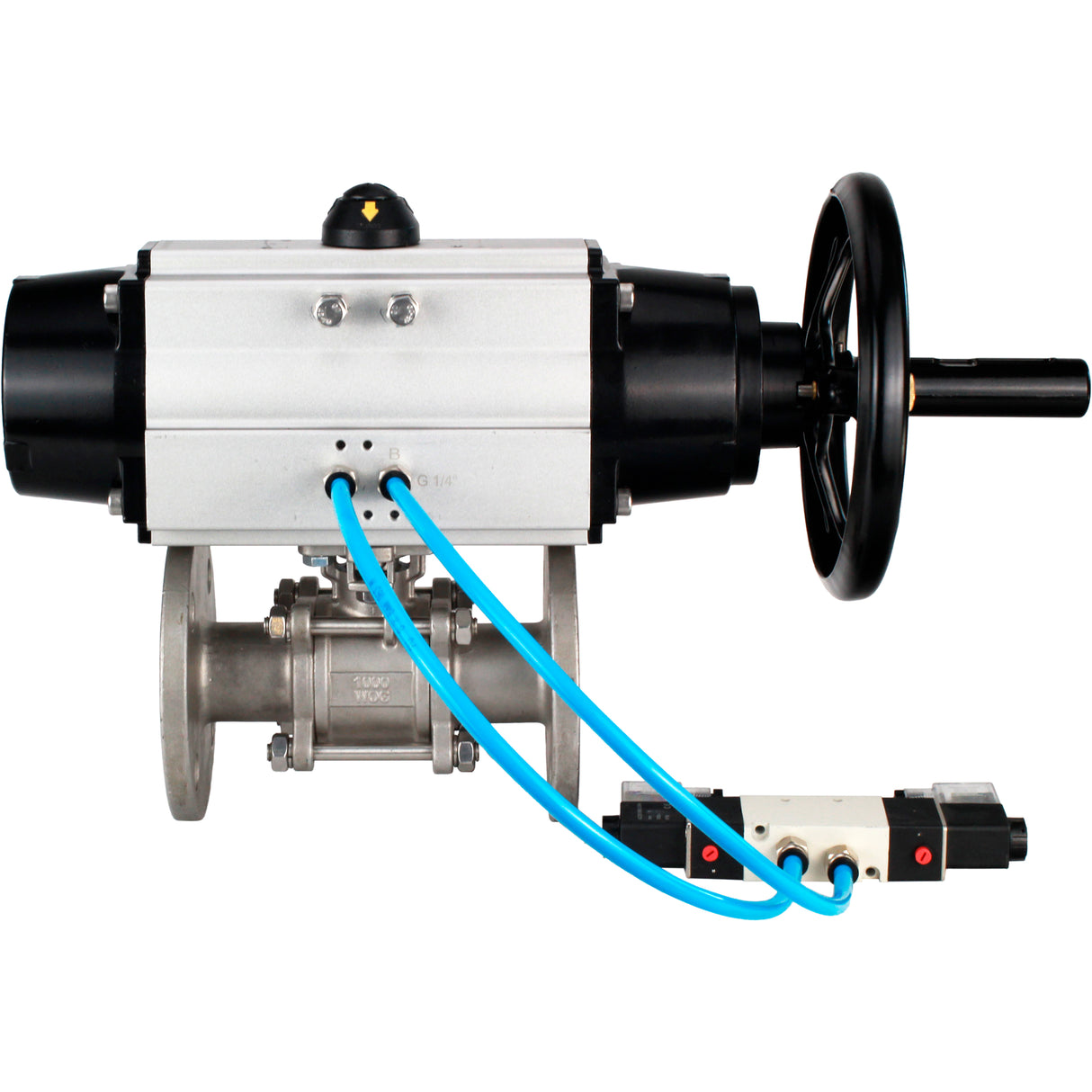 Ball valves Elephant BV3232P(3pc)-FP-F-ISO-H DN65-100 25/40 bar flanged with ISO flange, body - 316 stainless steel, full bore, seal - PTFE, with pneumatic drive PA-DA-105-1, pneumatic distributor 4V320-08 220V