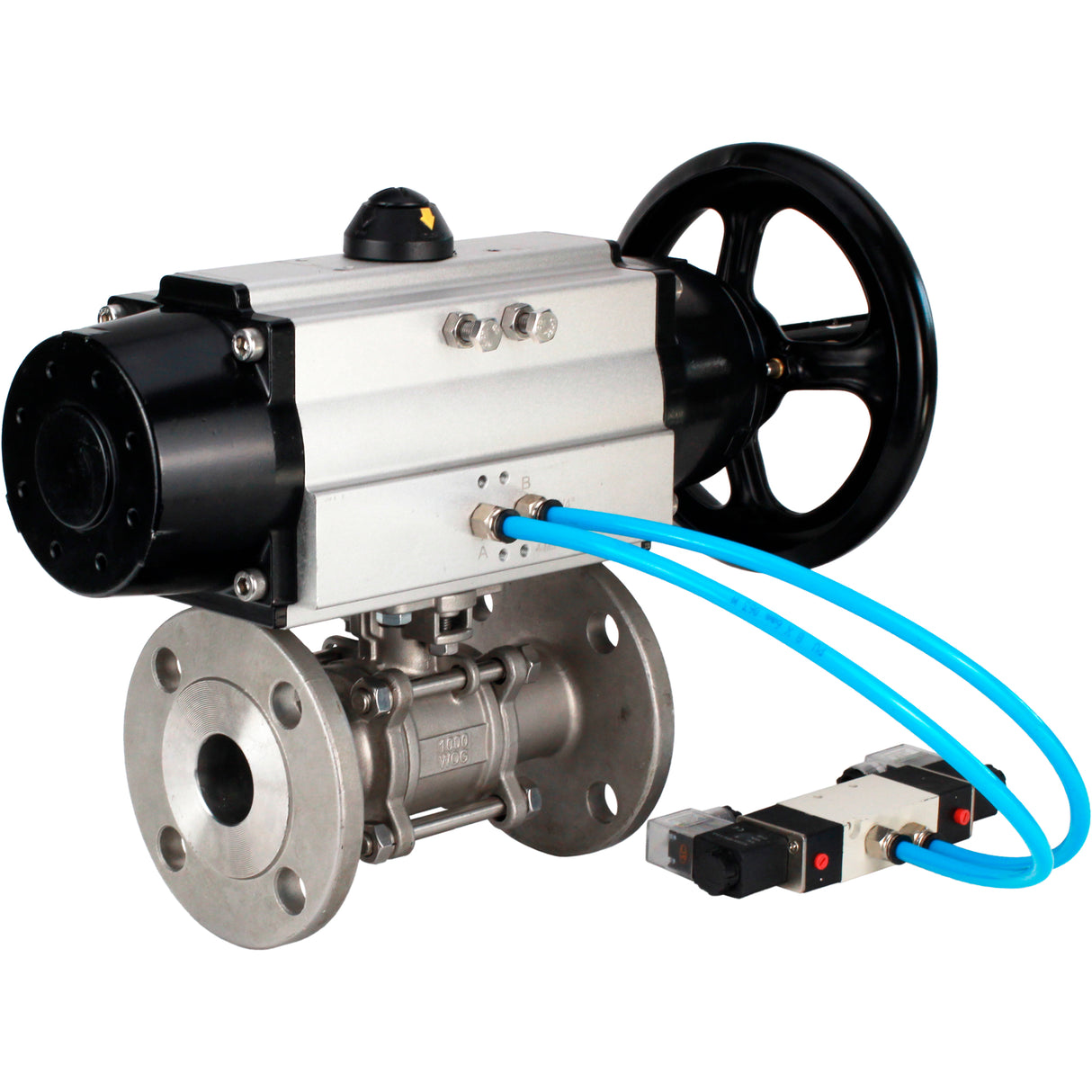Ball valves Elephant BV3232P(3pc)-FP-F-ISO-H DN65-100 25/40 bar flanged with ISO flange, body - 316 stainless steel, full bore, seal - PTFE, with pneumatic drive PA-DA-105-1, pneumatic distributor 4V320-08 220V