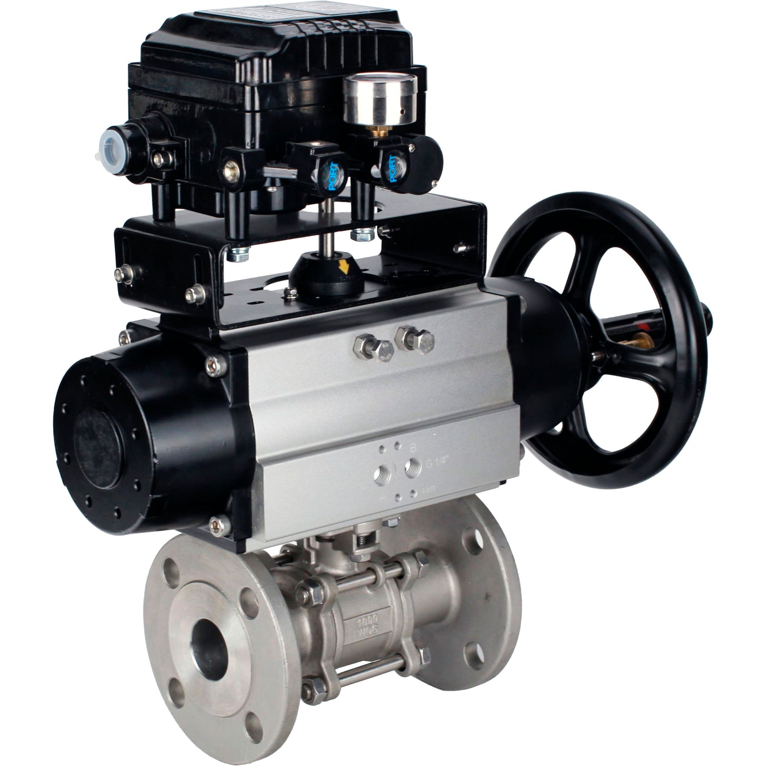 Ball valves Elephant BV3232P(3pc)-FP-F-ISO-H DN65-100 25/40 bar flanged with ISO flange, body - 316 stainless steel, full bore, seal - PTFE, with pneumatic drive PA-DA-105-1, YT-1000RSN electro-pneumatic positioner with feedback