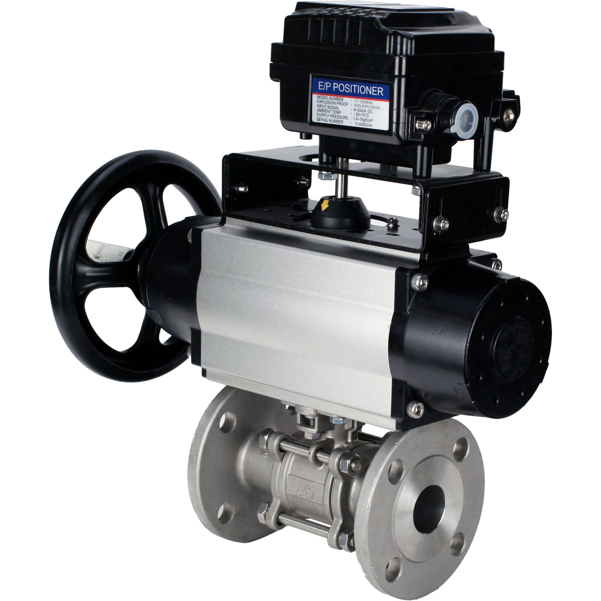 Ball valves Elephant BV3232P(3pc)-FP-F-ISO-H DN65-100 25/40 bar flanged with ISO flange, body - 316 stainless steel, full bore, seal - PTFE, with pneumatic drive PA-DA-105-1, YT-1000RSN electro-pneumatic positioner with feedback