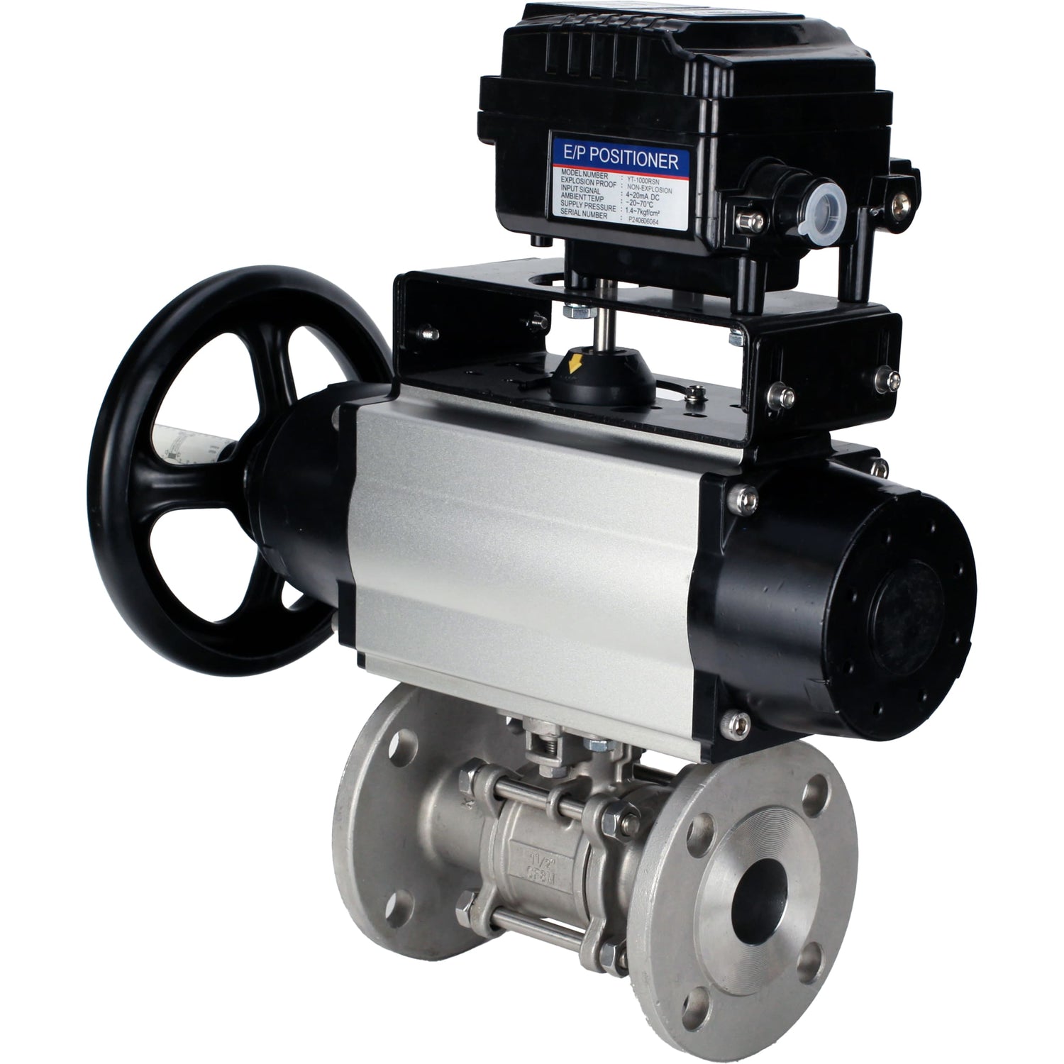 Ball valves Elephant BV3232P(3pc)-FP-F-ISO-H DN65-100 25/40 bar flanged with ISO flange, body - 316 stainless steel, full bore, seal - PTFE, with pneumatic drive PA-DA-105-1, YT-1000RSN electro-pneumatic positioner with feedback