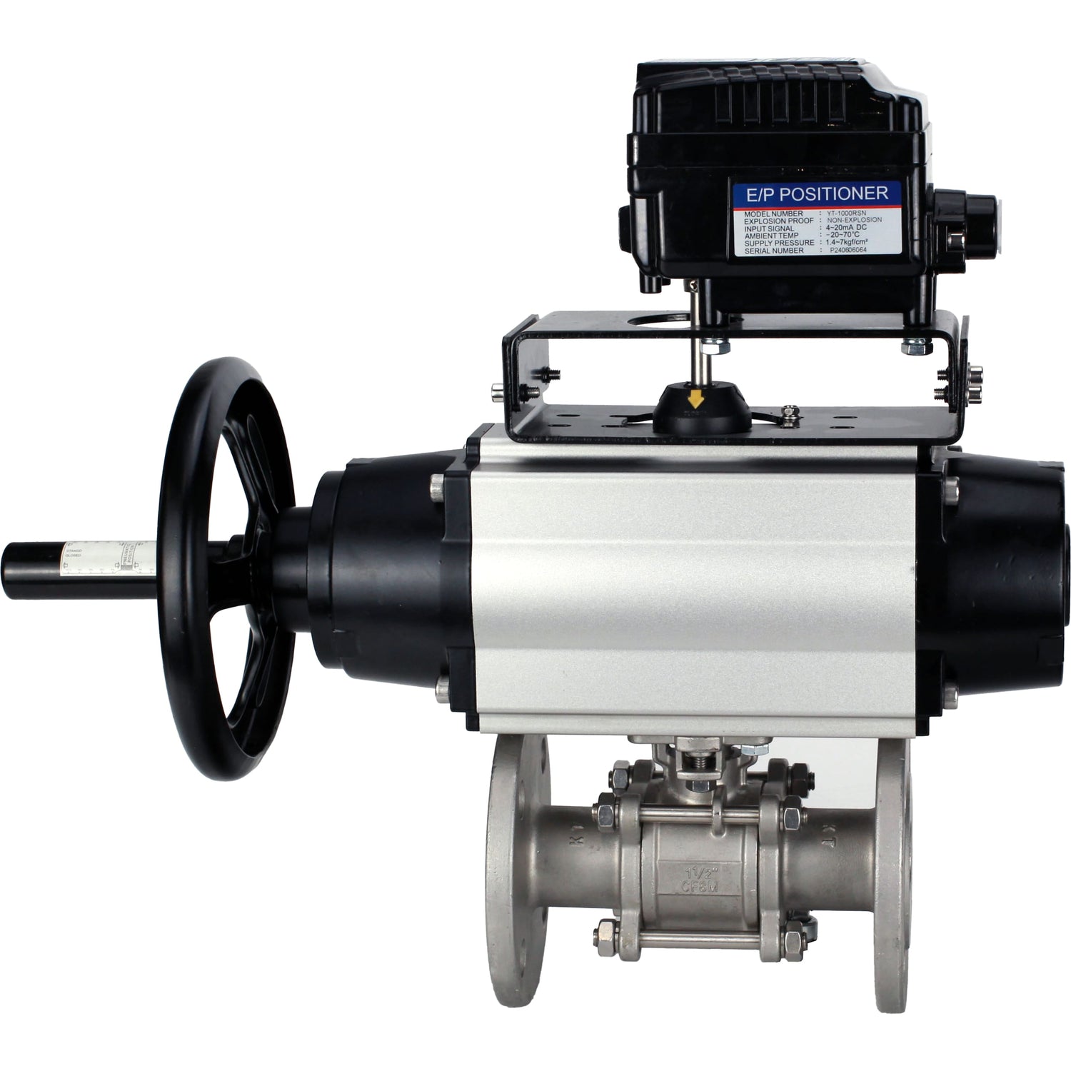 Ball valves Elephant BV3232P(3pc)-FP-F-ISO-H DN65-100 25/40 bar flanged with ISO flange, body - 316 stainless steel, full bore, seal - PTFE, with pneumatic drive PA-DA-105-1, YT-1000RSN electro-pneumatic positioner with feedback