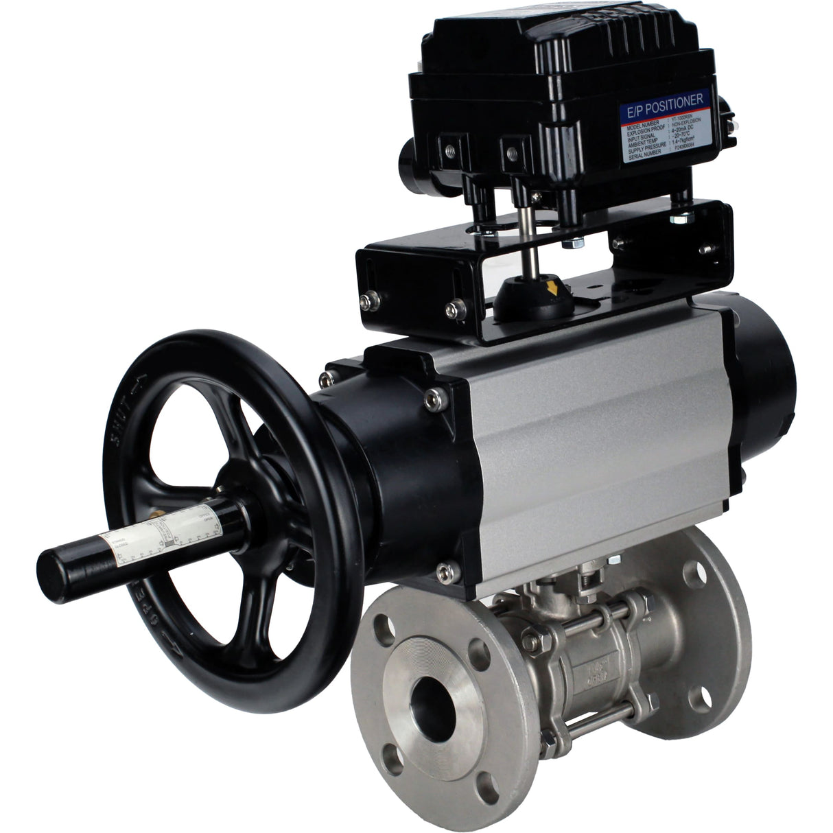 Ball valves Elephant BV3232P(3pc)-FP-F-ISO-H DN65-100 25/40 bar flanged with ISO flange, body - 316 stainless steel, full bore, seal - PTFE, with pneumatic drive PA-DA-105-1, YT-1000RSN electro-pneumatic positioner with feedback