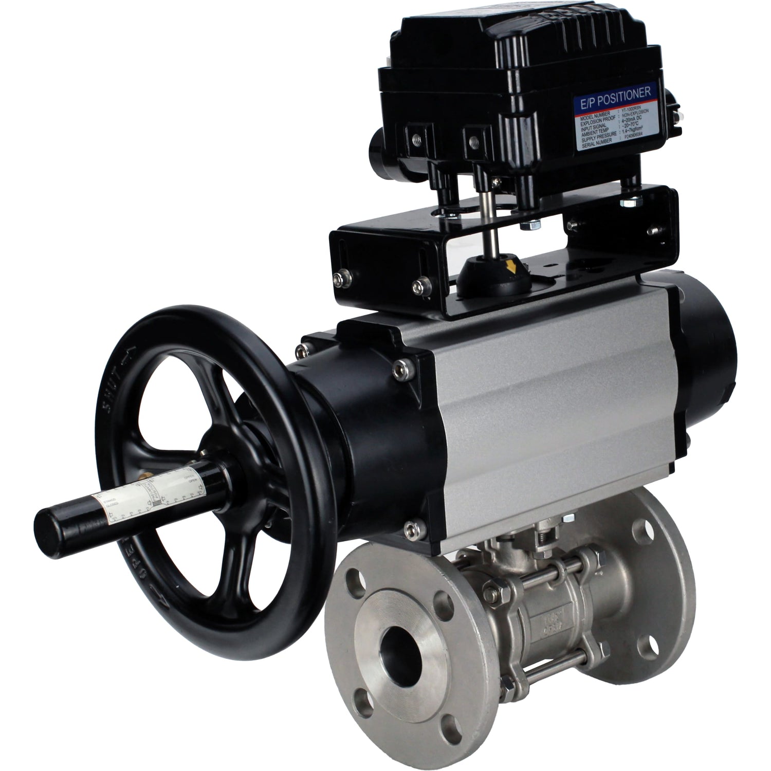 Ball valves Elephant BV3232P(3pc)-FP-F-ISO-H DN65-100 25/40 bar flanged with ISO flange, body - 316 stainless steel, full bore, seal - PTFE, with pneumatic drive PA-DA-105-1, YT-1000RSN electro-pneumatic positioner with feedback