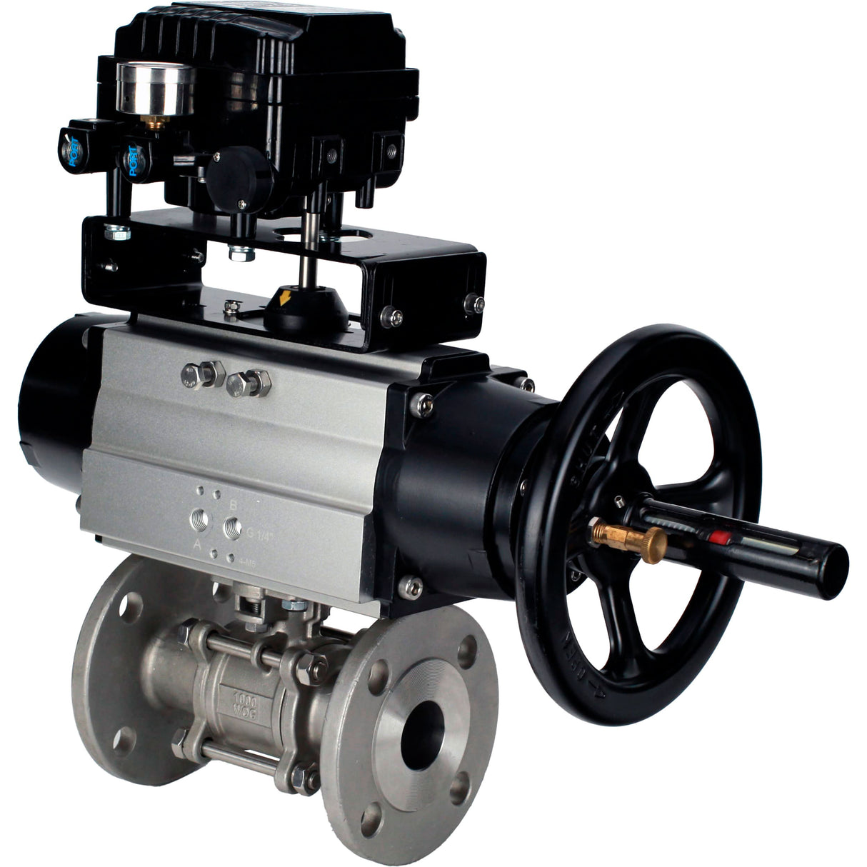 Ball valves Elephant BV3232P(3pc)-FP-F-ISO-H DN65-100 25/40 bar flanged with ISO flange, body - 316 stainless steel, full bore, seal - PTFE, with pneumatic drive PA-DA-105-1, YT-1000RSN electro-pneumatic positioner with feedback