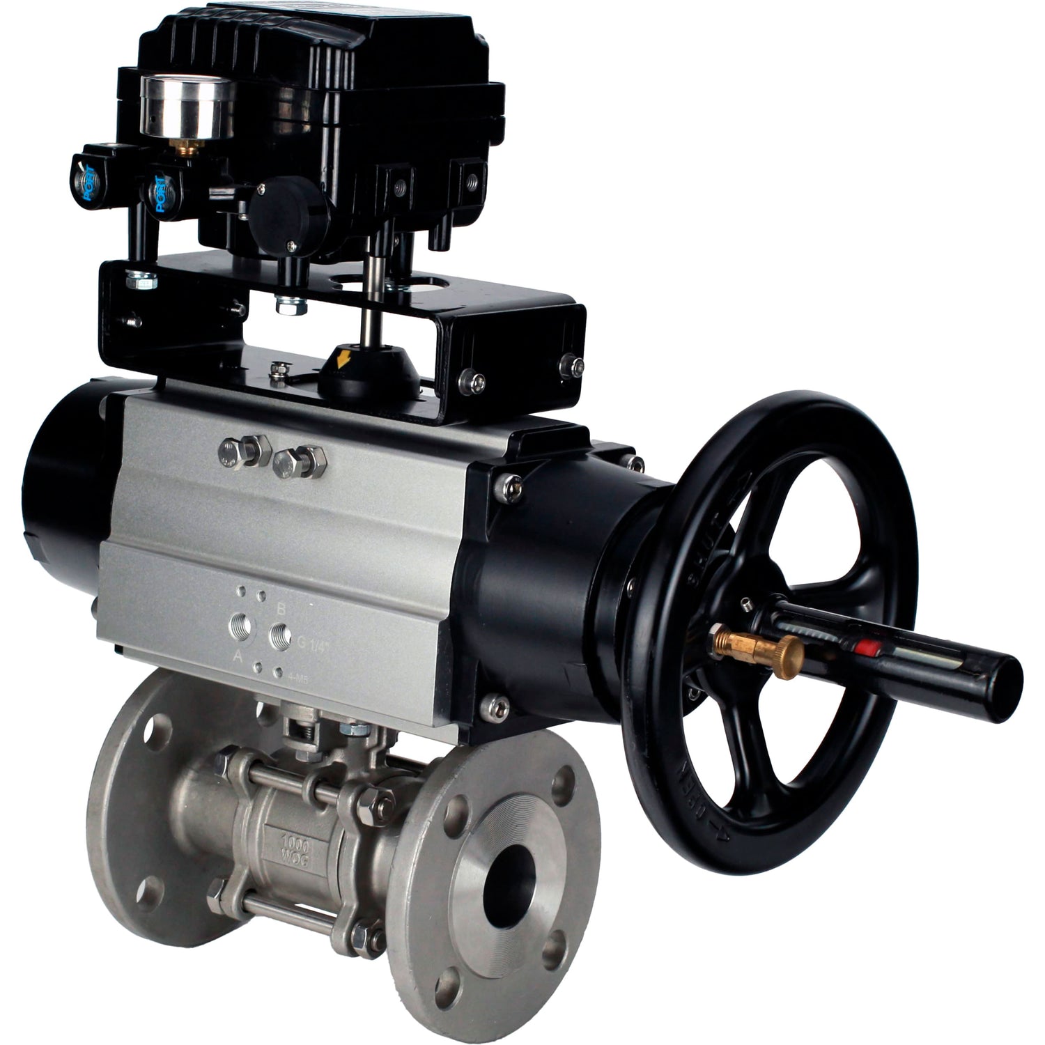 Ball valves Elephant BV3232P(3pc)-FP-F-ISO-H DN65-100 25/40 bar flanged with ISO flange, body - 316 stainless steel, full bore, seal - PTFE, with pneumatic drive PA-DA-105-1, YT-1000RSN electro-pneumatic positioner with feedback