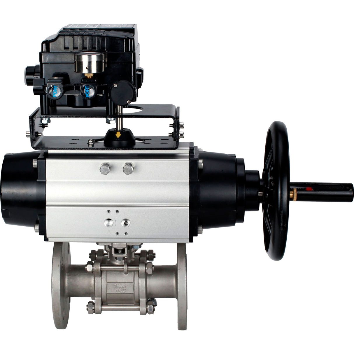 Ball valves Elephant BV3232P(3pc)-FP-F-ISO-H DN65-100 25/40 bar flanged with ISO flange, body - 316 stainless steel, full bore, seal - PTFE, with pneumatic drive PA-DA-105-1, YT-1000RSN electro-pneumatic positioner with feedback