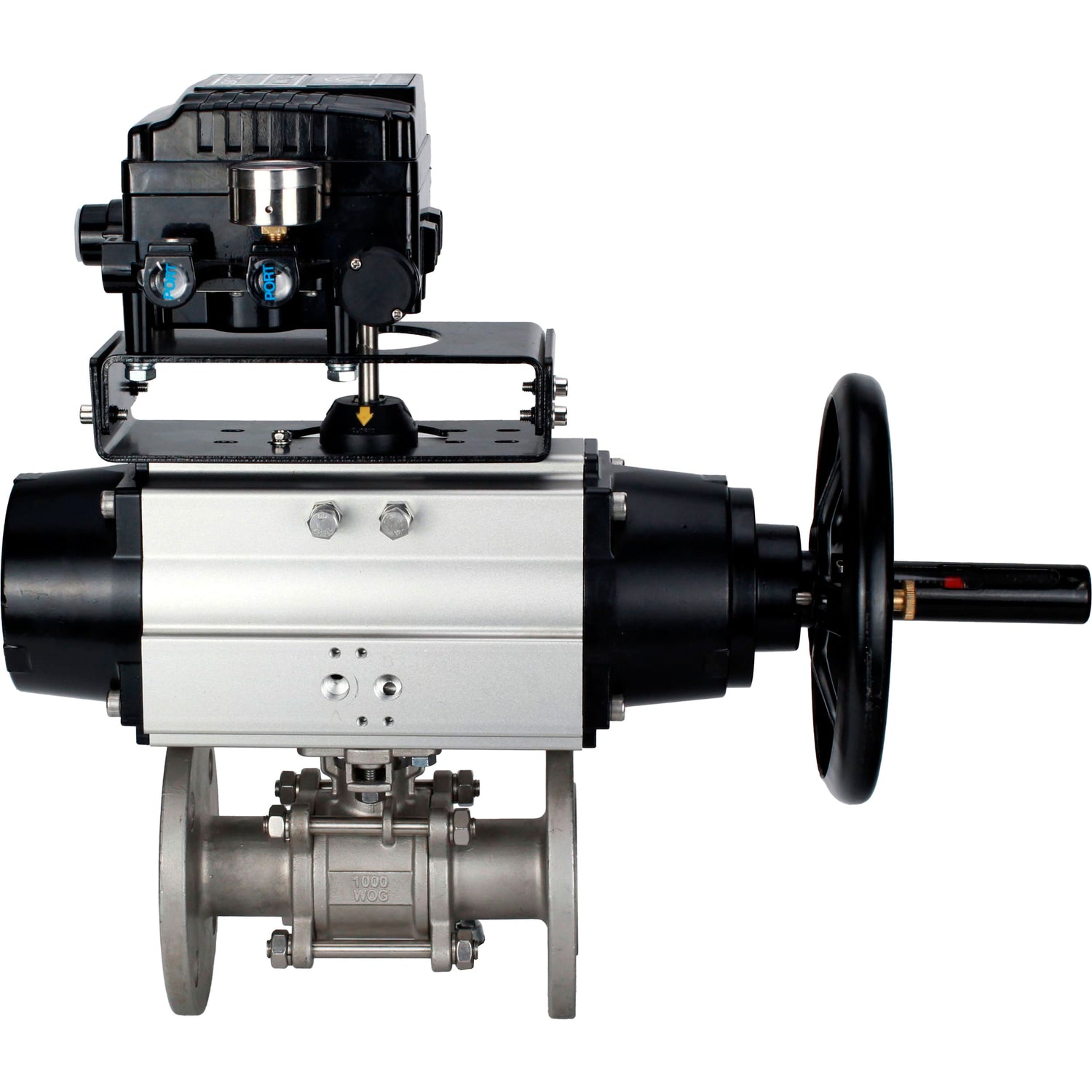 Ball valves Elephant BV3232P(3pc)-FP-F-ISO-H DN65-100 25/40 bar flanged with ISO flange, body - 316 stainless steel, full bore, seal - PTFE, with pneumatic drive PA-DA-105-1, YT-1000RSN electro-pneumatic positioner with feedback