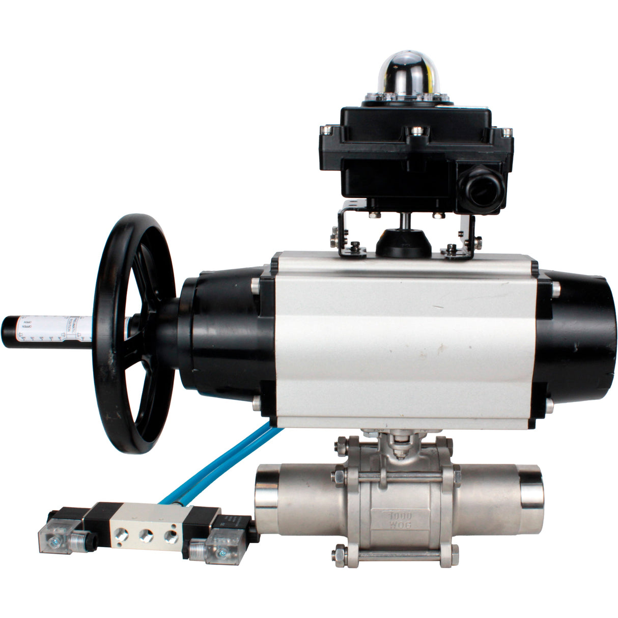 Ball valves Elephant BV3131P(3pc)-FP-W-ISO-H LONG, body material - Stainless steel AISI 304, seal - PTFE / PTFE / Teflon, with pneumatic actuator double action PA-DA-105-1, 4V320-10 220V, LSU APL-410N Ex