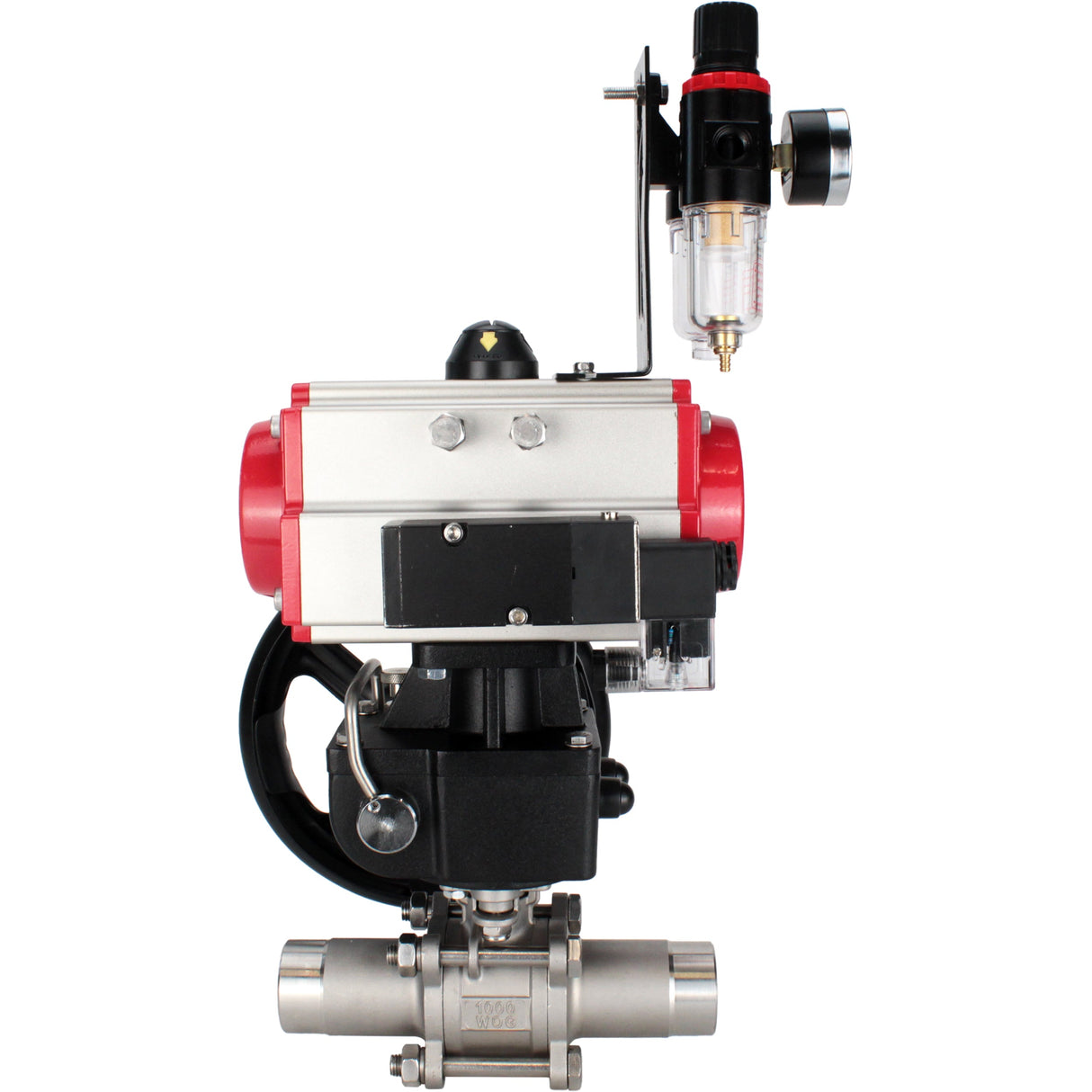 Ball valves Elephant BV3232P(3pc)-FP-W-ISO-H LONG full bore, body - stainless steel 316, for welding, with pneumatic actuator PA-DA, pneumatic distributor 4M310-08 NAMUR 24V, MON reducer and ATU AFC2000