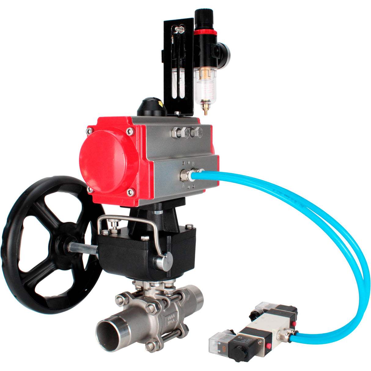 Ball valves Elephant BV3232P(3pc)-FP-W-ISO-H LONG full bore, body - stainless steel 316, for welding, with pneumatic actuator PA-DA, pneumatic distributor 4V320-10 220V, MON reducer and ATU AFC2000