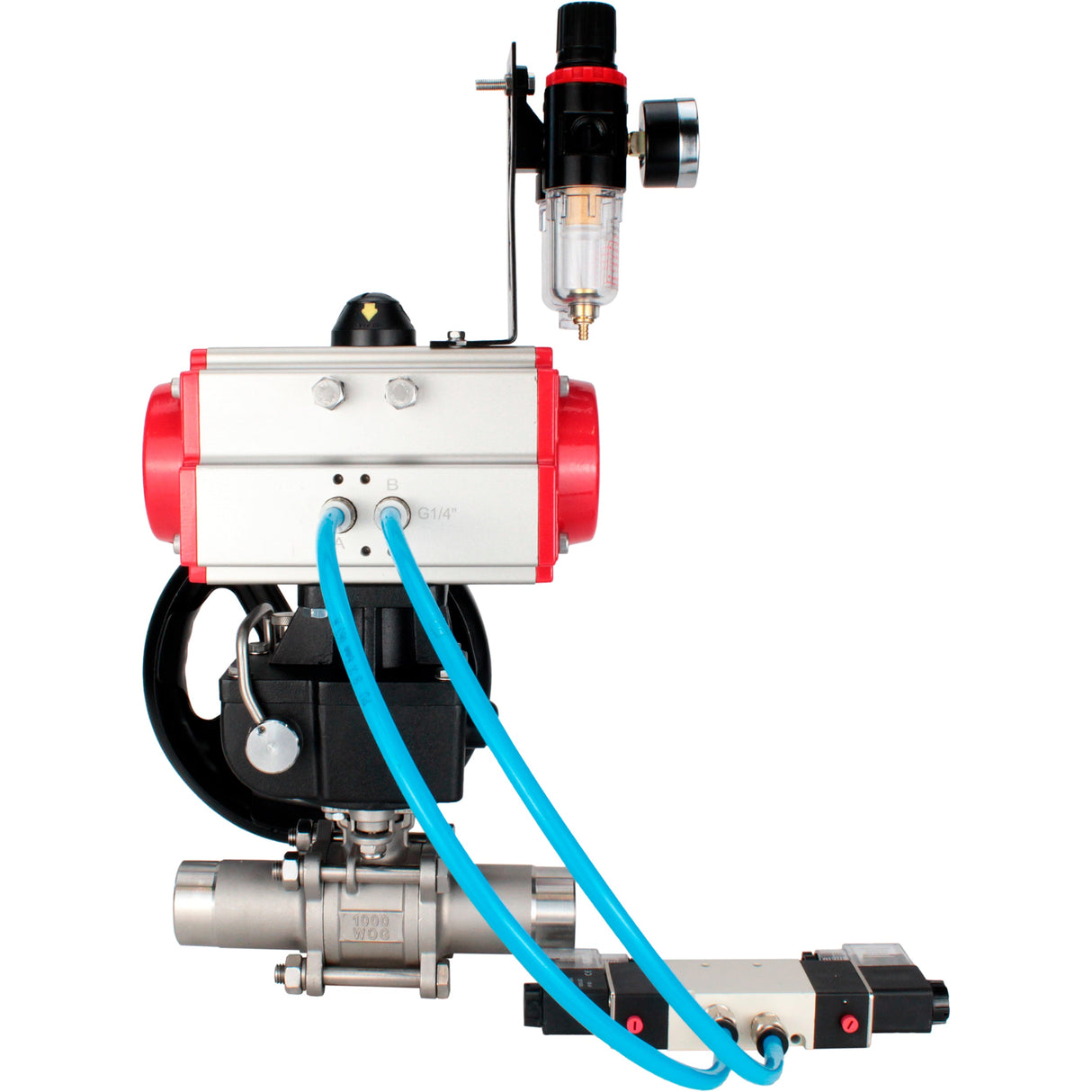 Ball valves Elephant BV3131P(3pc)-FP-W-ISO-H LONG full bore, body - stainless steel 304, for welding, with pneumatic actuator PA-DA, pneumatic distributor 4V320-10 220V, MON reducer and ATU AFC2000