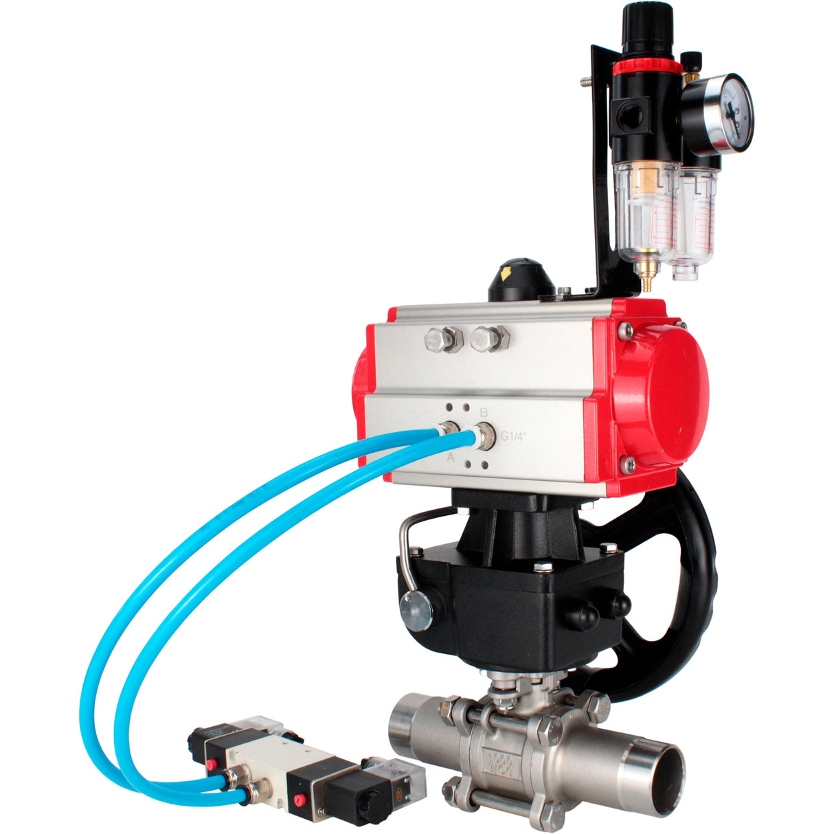 Ball valves Elephant BV3131P(3pc)-FP-W-ISO-H LONG full bore, body - stainless steel 304, for welding, with pneumatic actuator PA-DA, pneumatic distributor 4V320-10 220V, MON reducer and ATU AFC2000