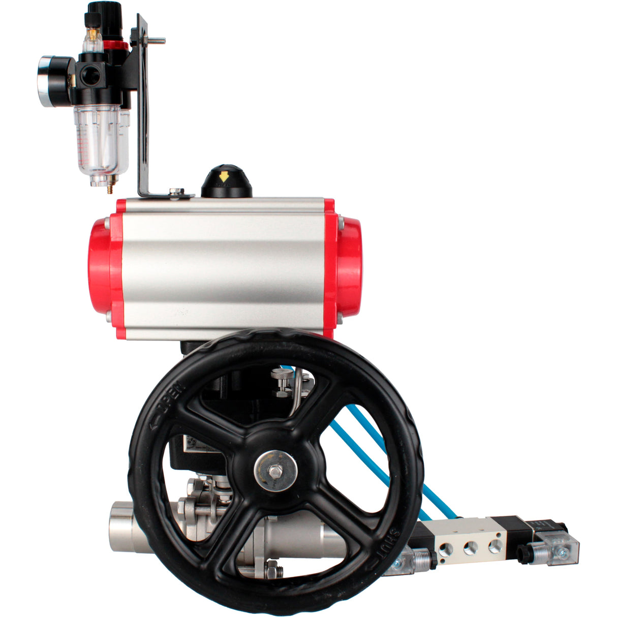 Ball valves Elephant BV3131P(3pc)-FP-W-ISO-H LONG full bore, body - stainless steel 304, for welding, with pneumatic actuator PA-DA, pneumatic distributor 4V320-10 220V, MON reducer and ATU AFC2000