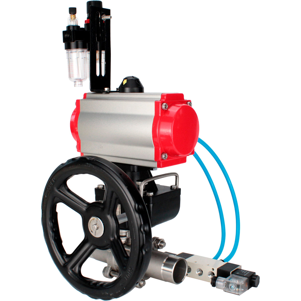 Ball valves Elephant BV3131P(3pc)-FP-W-ISO-H LONG full bore, body - stainless steel 304, for welding, with pneumatic actuator PA-DA, pneumatic distributor 4V320-10 220V, MON reducer and ATU AFC2000