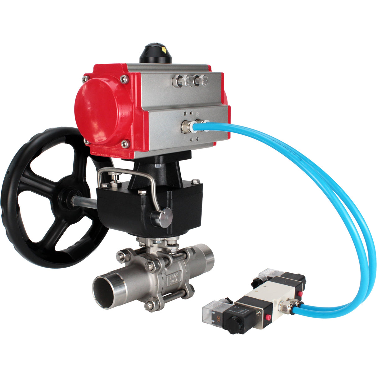 Ball valves Elephant BV3131P(3pc)-FP-W-ISO-H LONG full bore, body - stainless steel 304, for welding, with pneumatic actuator PA-DA, pneumatic distributor 4V320-10 220V and MON reducer