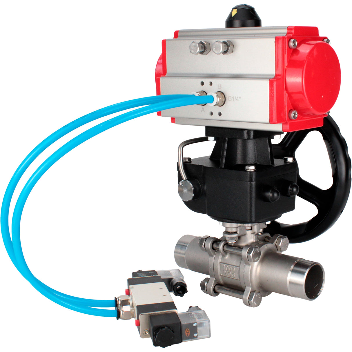 Ball valves Elephant BV3131P(3pc)-FP-W-ISO-H LONG full bore, body - stainless steel 304, for welding, with pneumatic actuator PA-DA, pneumatic distributor 4V320-10 220V and MON reducer