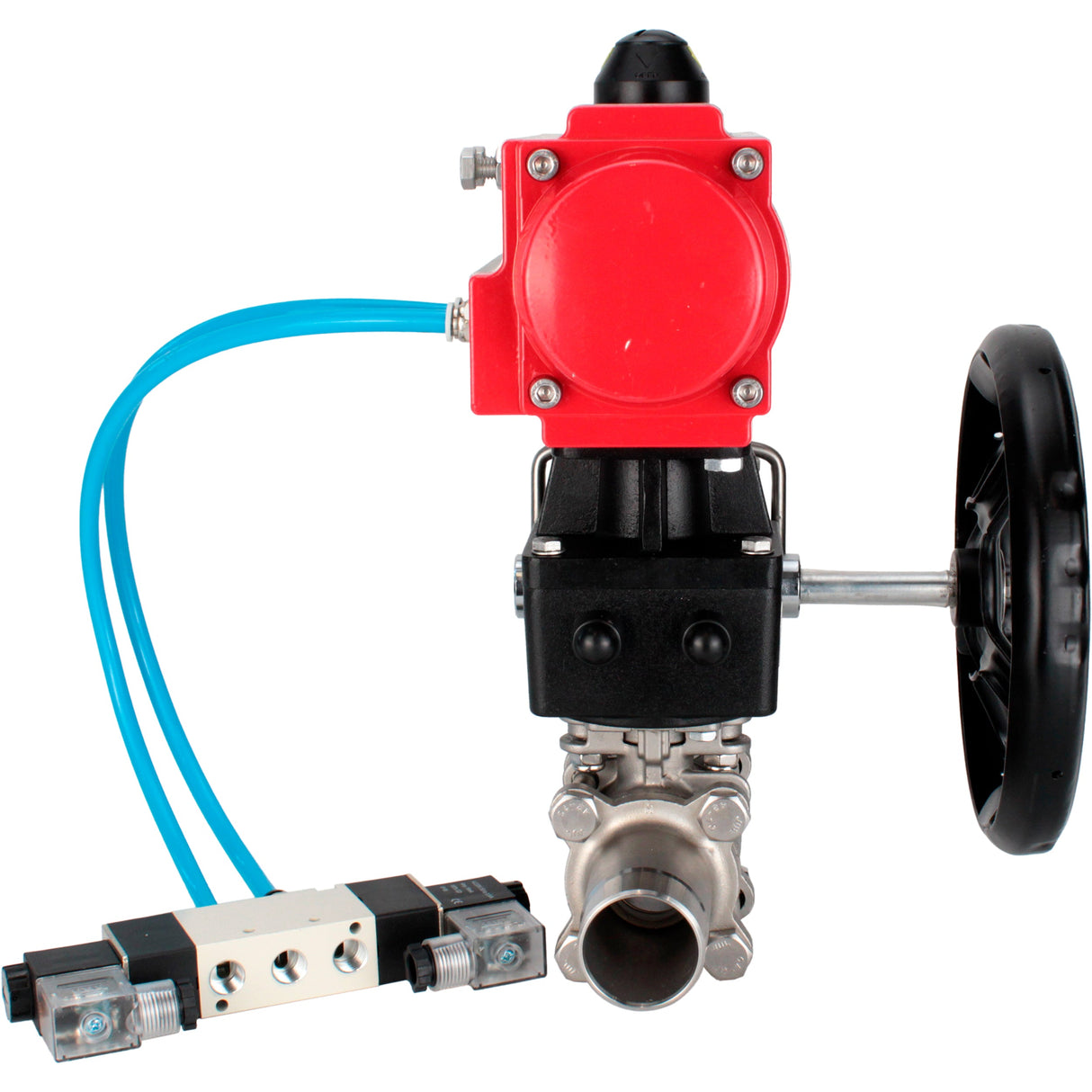 Ball valves Elephant BV3232P(3pc)-FP-W-ISO-H LONG full bore, body - stainless steel 316, for welding, with pneumatic actuator PA-DA, pneumatic distributor 4V320-10 220V and MON reducer