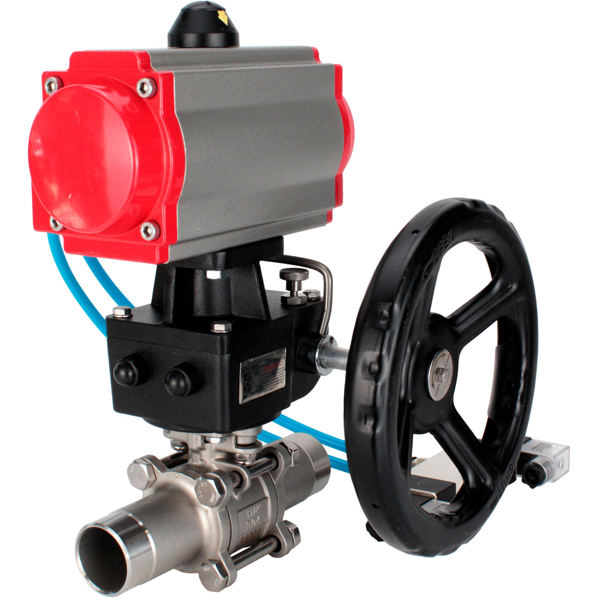 Ball valves Elephant BV3131P(3pc)-FP-W-ISO-H LONG full bore, body - stainless steel 304, for welding, with pneumatic actuator PA-DA, pneumatic distributor 4V320-08 220V and MON reducer