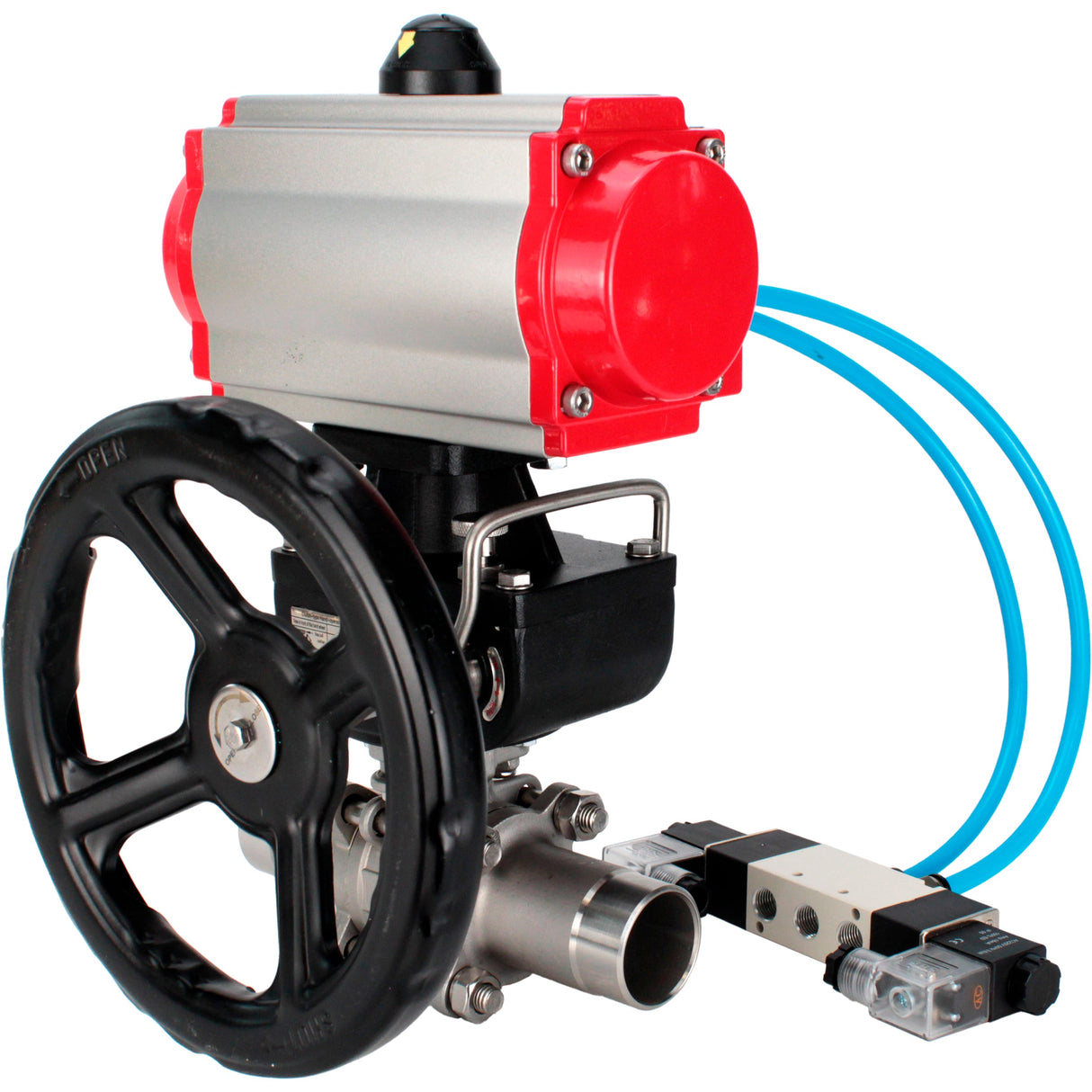 Ball valves Elephant BV3131P(3pc)-FP-W-ISO-H LONG full bore, body - stainless steel 304, for welding, with pneumatic actuator PA-DA, pneumatic distributor 4V320-08 220V and MON reducer