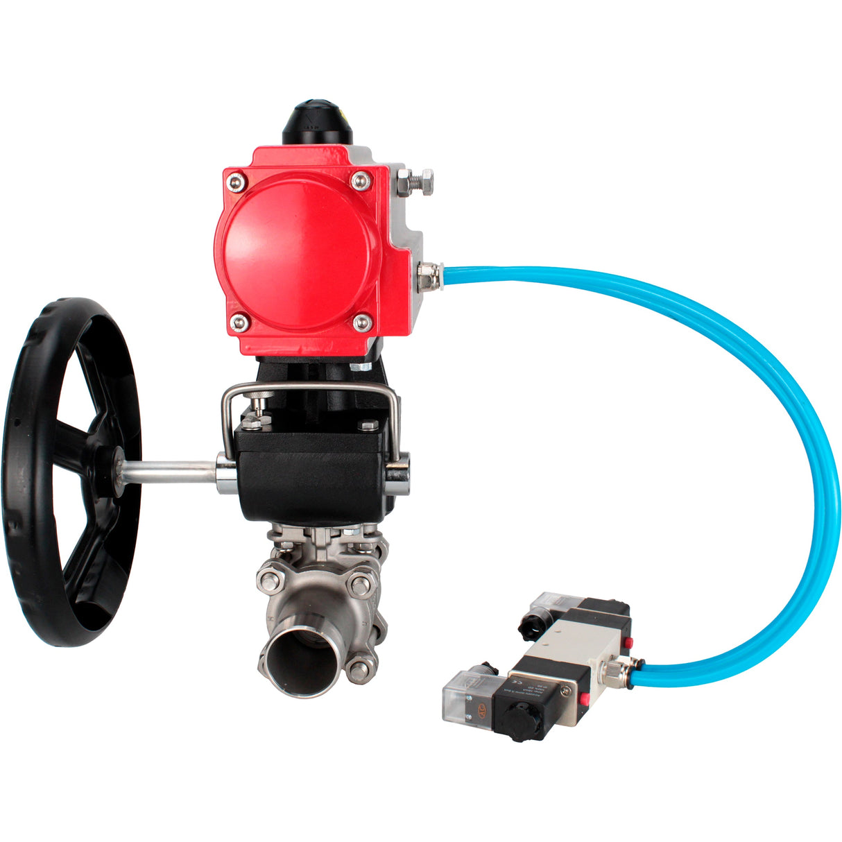 Ball valves Elephant BV3131P(3pc)-FP-W-ISO-H LONG full bore, body - stainless steel 304, for welding, with pneumatic actuator PA-DA, pneumatic distributor 4V320-08 220V and MON reducer